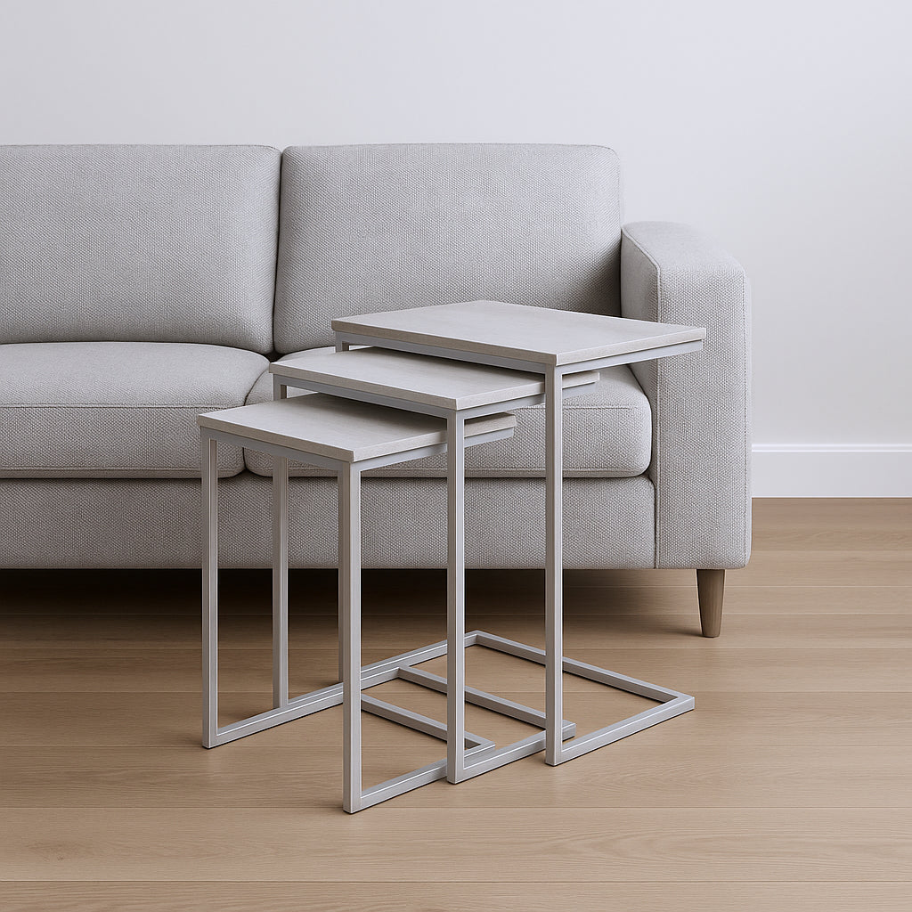 Set of Three Antiqued White Solid Wood and Steel Frame Nested Tables-0