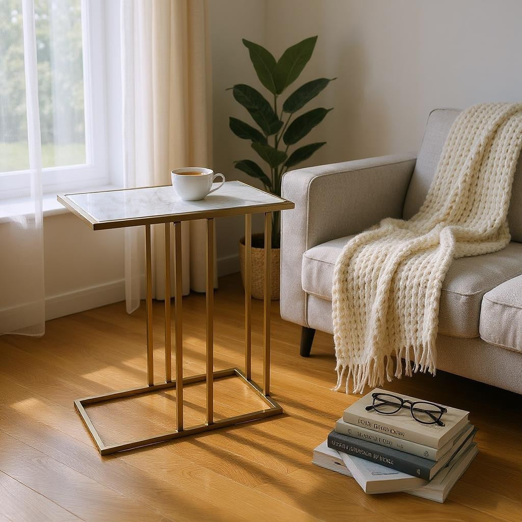 26" White and Antiqued Gold Marble and Iron Frame End Table-0