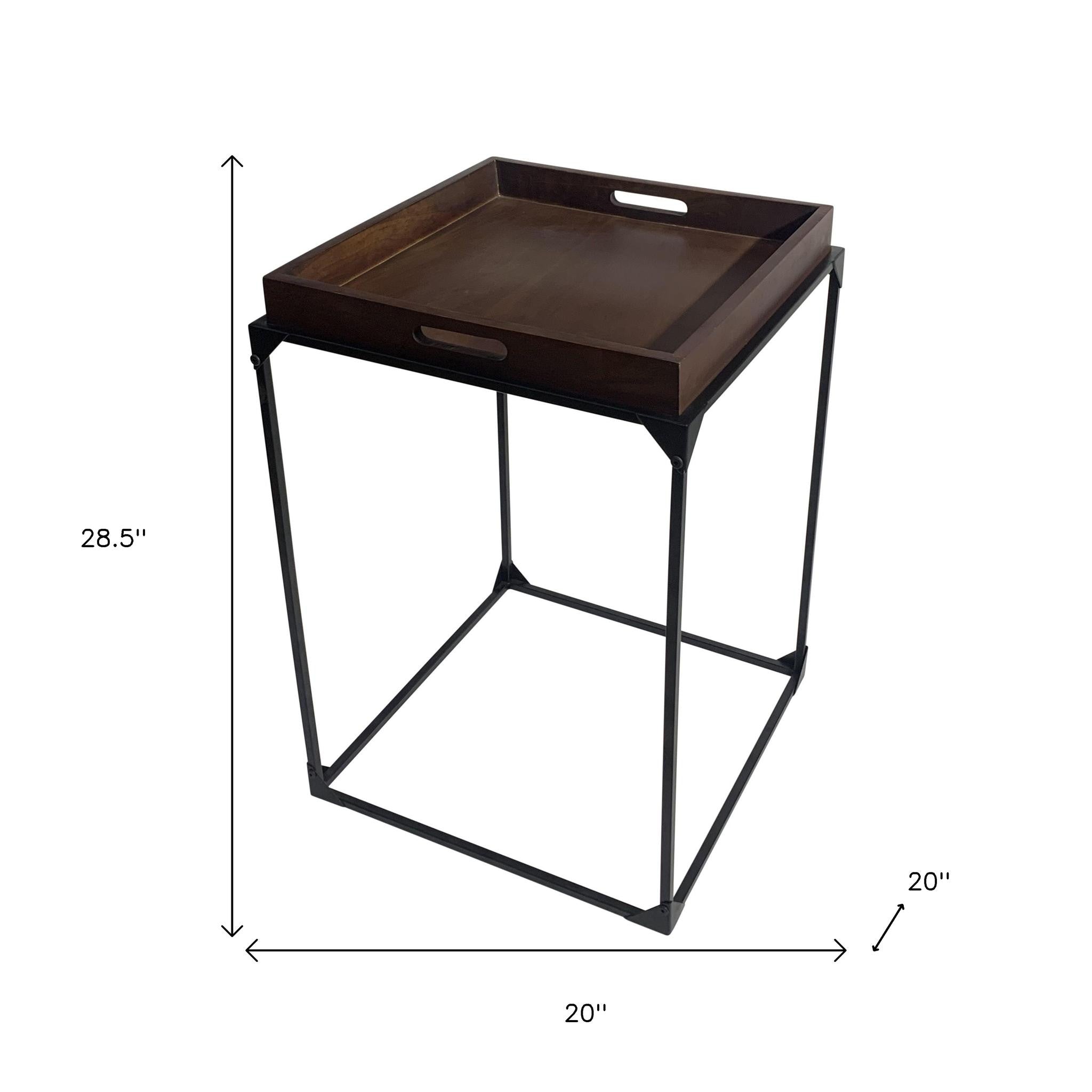 29" Dark Brown and Black Solid Wood and Iron Square Frame End Table-6