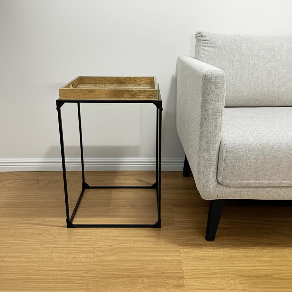 29" Natural and Black Solid Wood and Iron Square Frame End Table-0