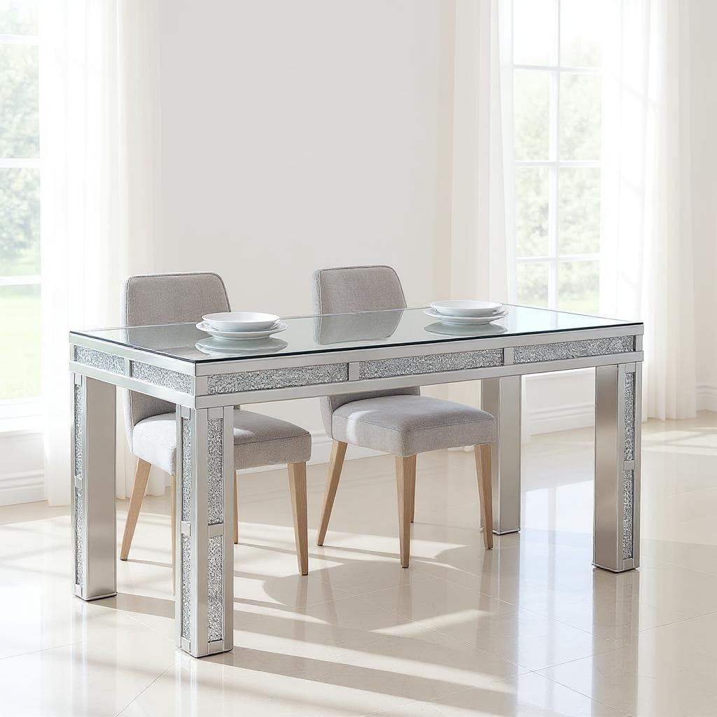 31" Silver Mirrored Glass And Faux Crystal Dining Table-0
