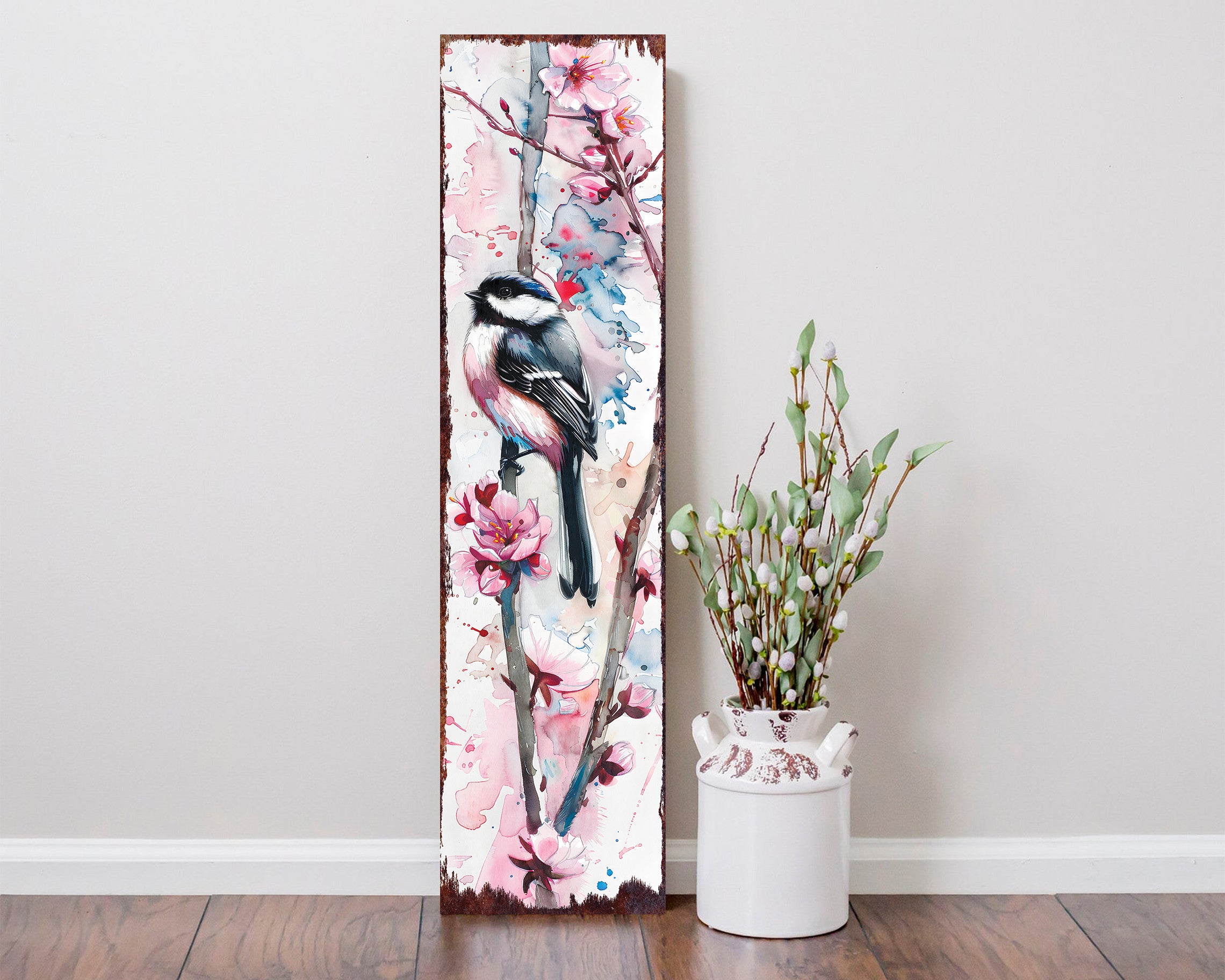 36" White and Pink Solid Wood Birds Porch Sign-6