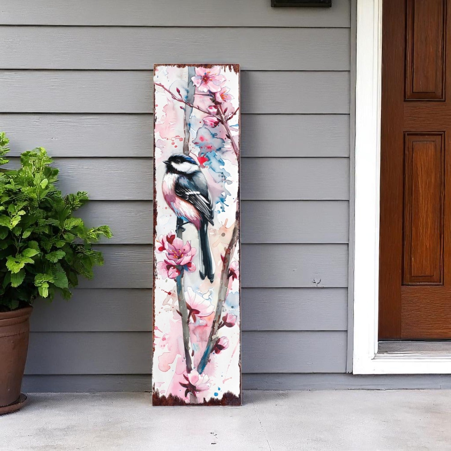 36" White and Pink Solid Wood Birds Porch Sign-0