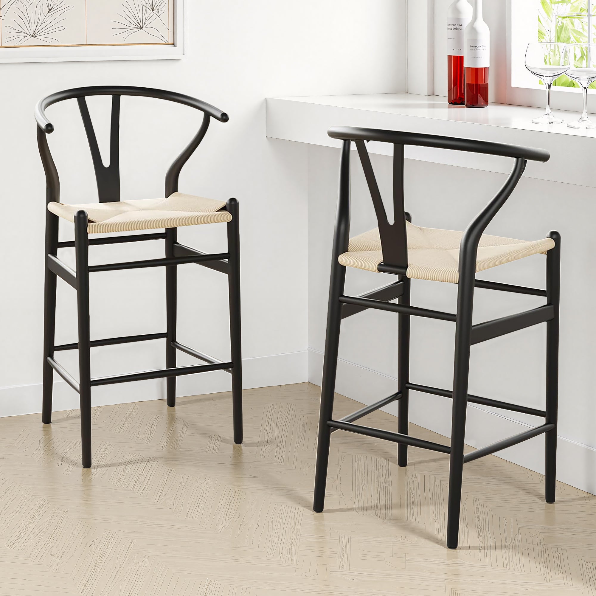 27" Beige and Black Solid Wood Counter Height Bar Chair-4