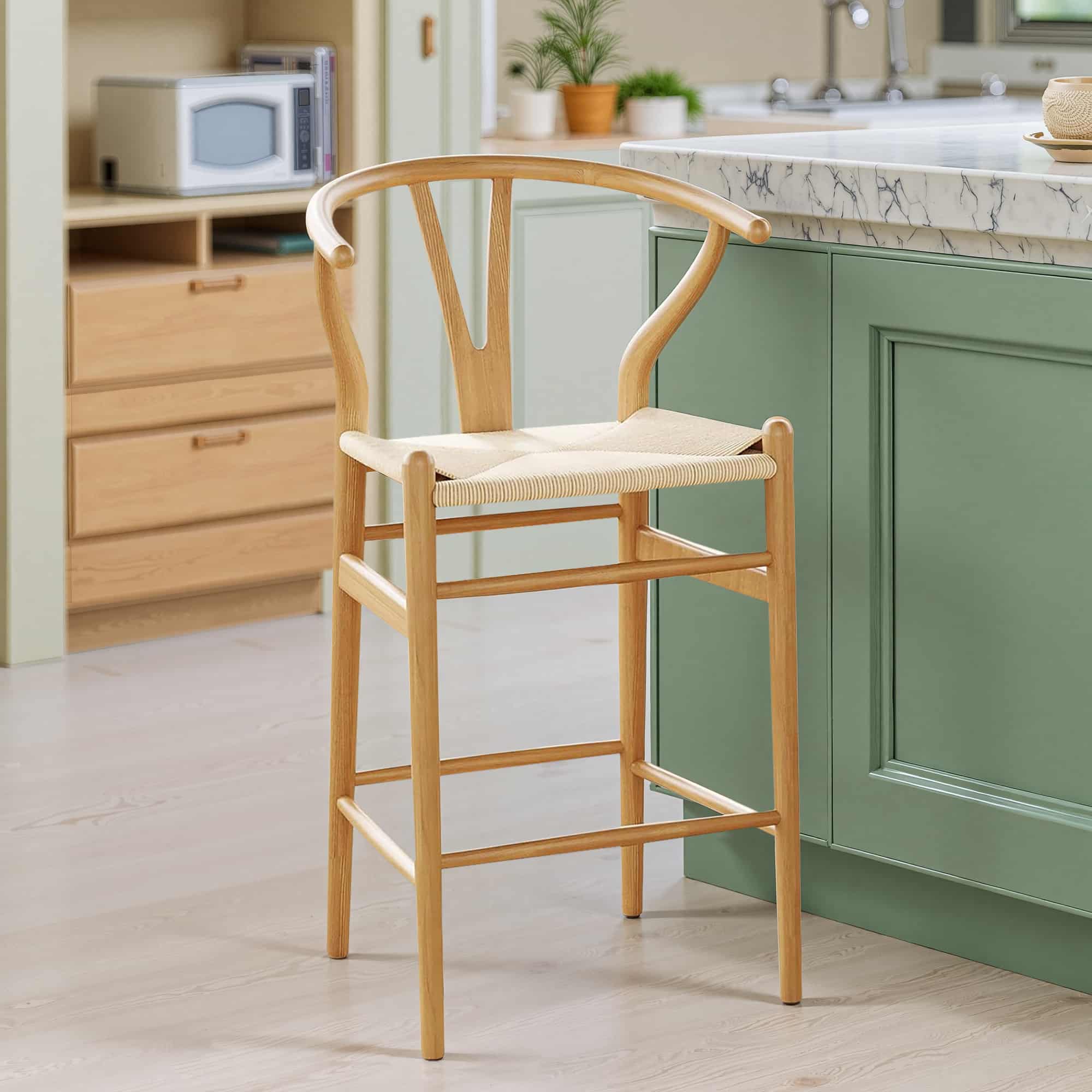 27" Beige and Natural Solid Wood Counter Height Bar Chair-4