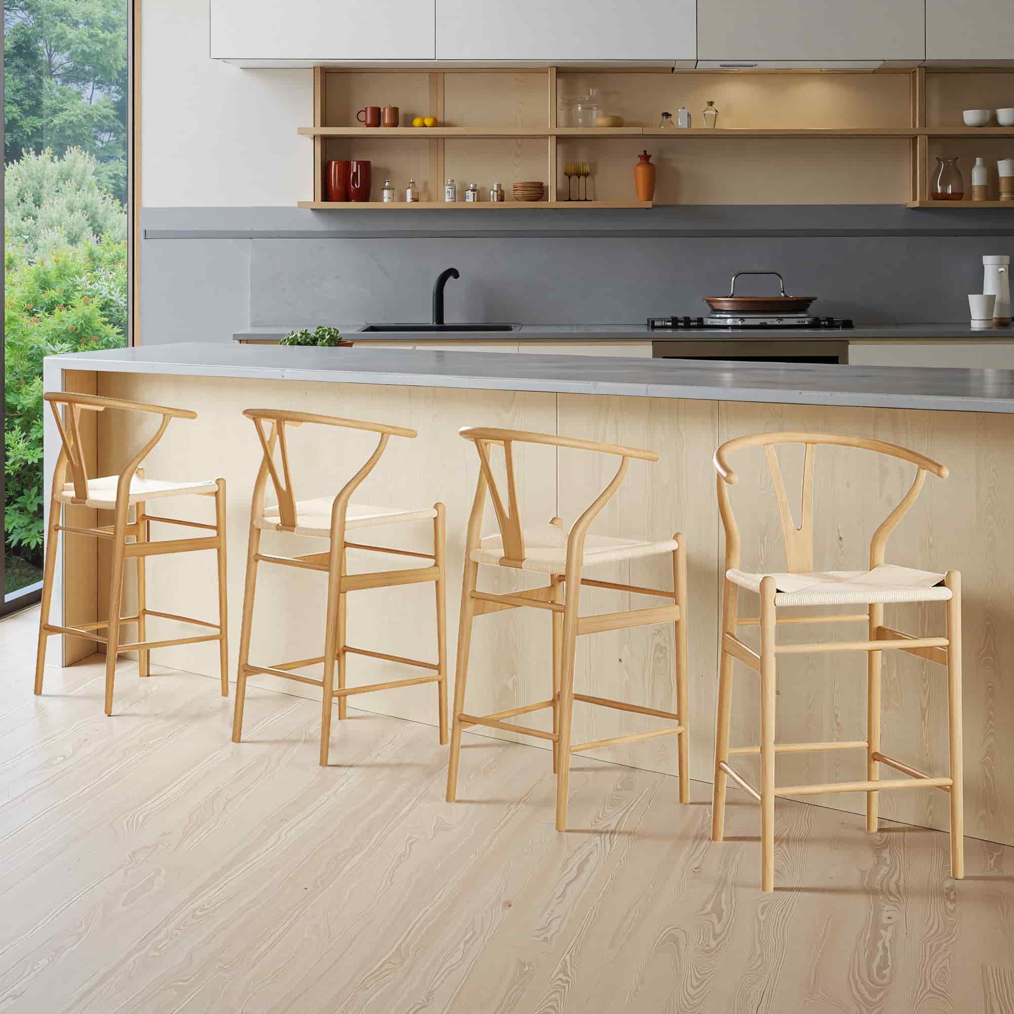 27" Beige and Natural Solid Wood Counter Height Bar Chair-5