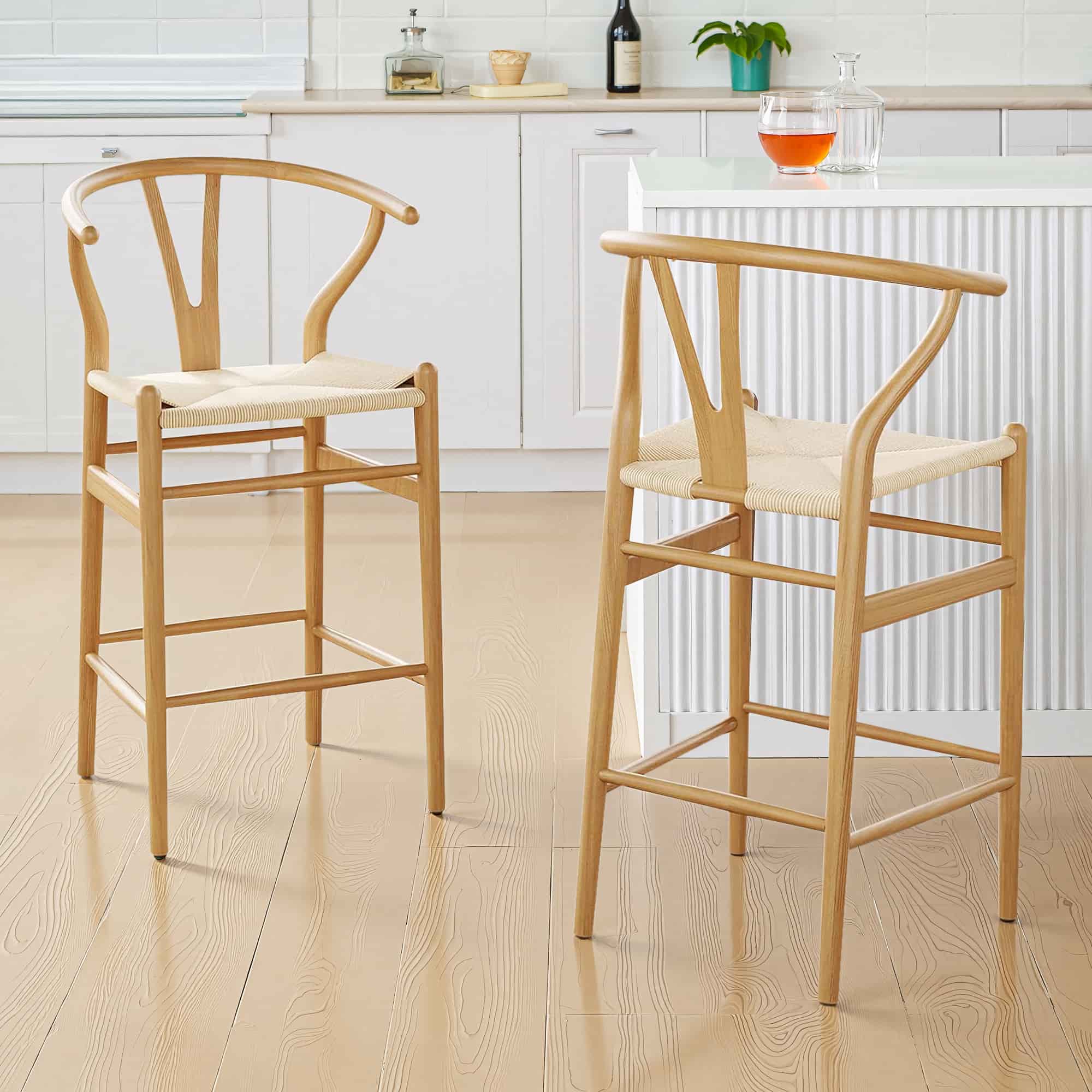 27" Beige and Natural Solid Wood Counter Height Bar Chair-6