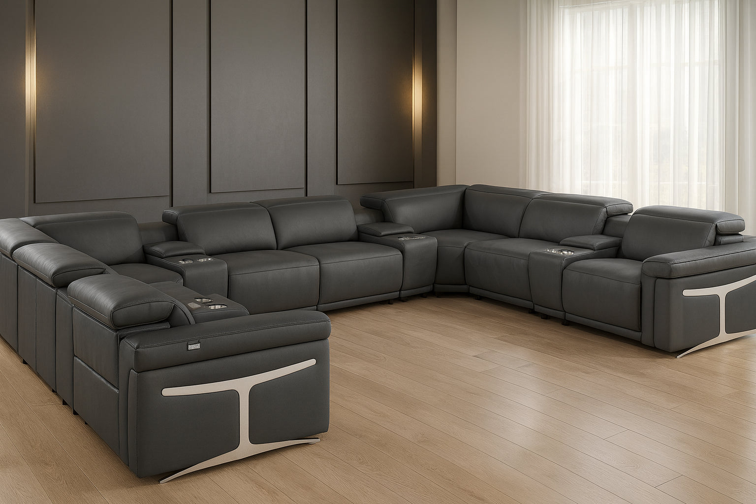 Dark Gray Italian Leather Power Reclining U Shaped Twelve Piece Sectional With Console-1