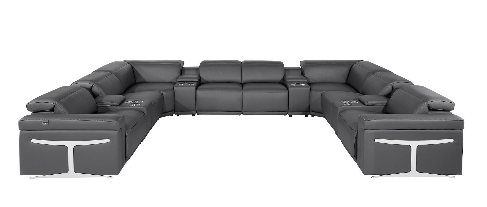 Dark Gray Italian Leather Power Reclining U Shaped Twelve Piece Sectional With Console-0