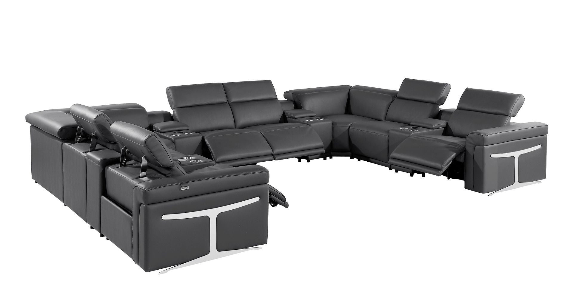 Dark Gray Italian Leather Power Reclining U Shaped Twelve Piece Sectional With Console-3