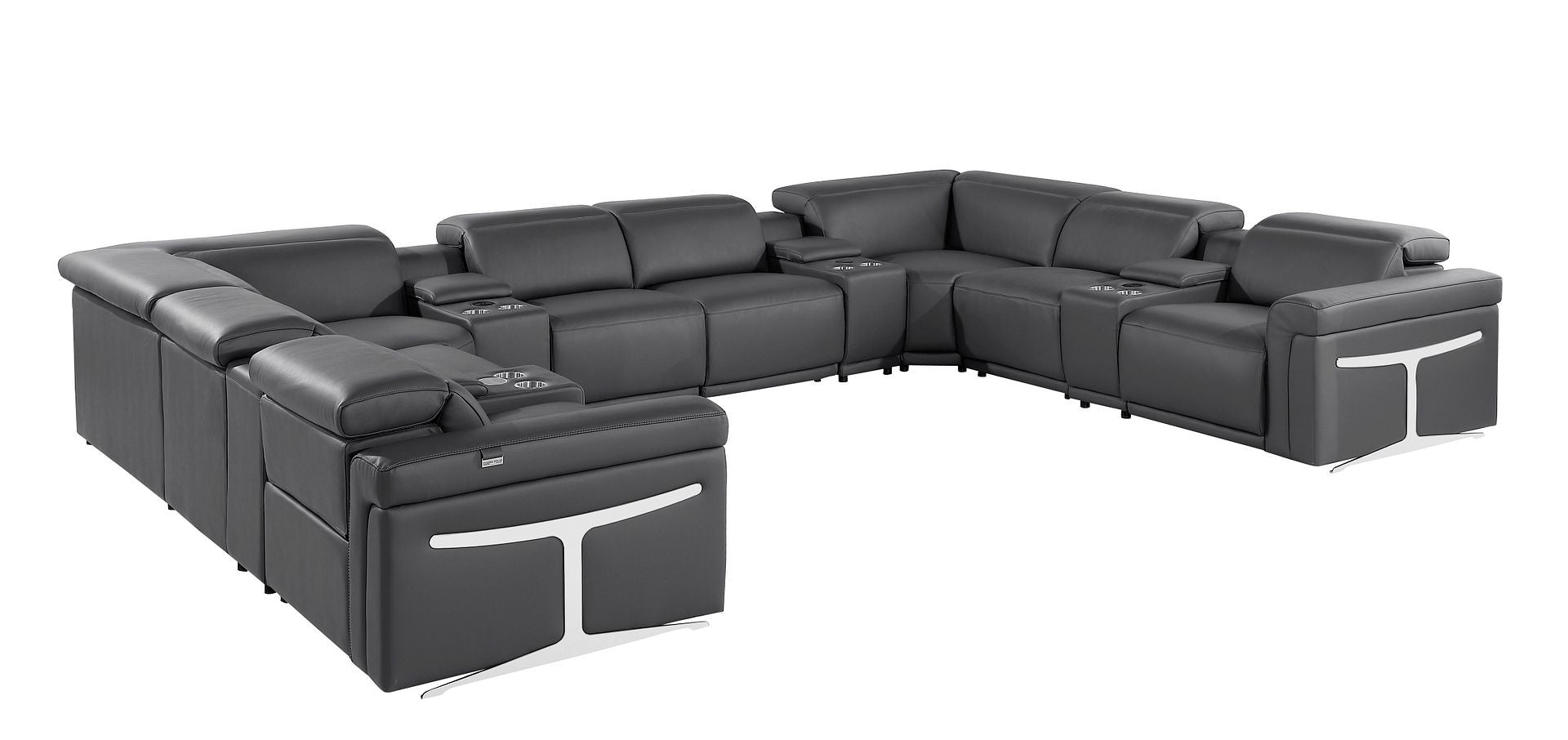 Dark Gray Italian Leather Power Reclining U Shaped Twelve Piece Sectional With Console-2
