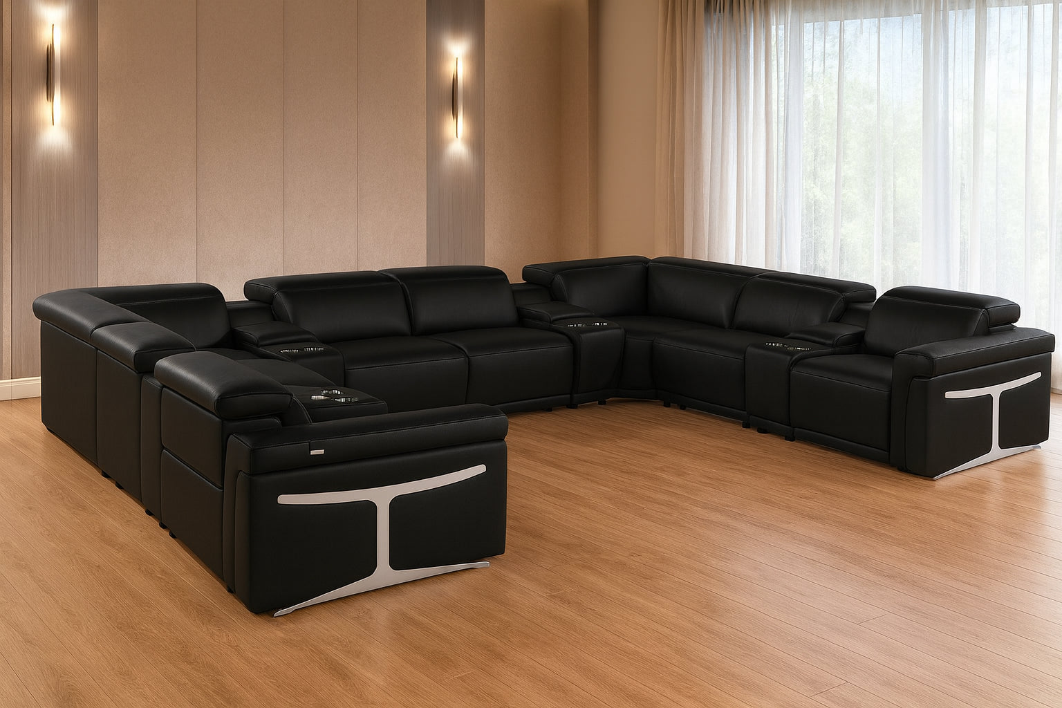 Black Italian Leather Power Reclining U Shaped Twelve Piece Sectional With Console-1