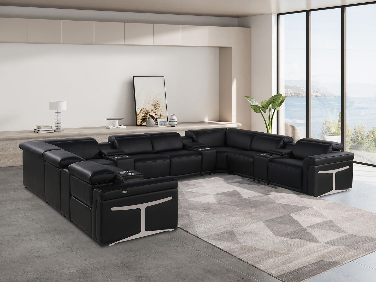 Black Italian Leather Power Reclining U Shaped Twelve Piece Sectional With Console-7