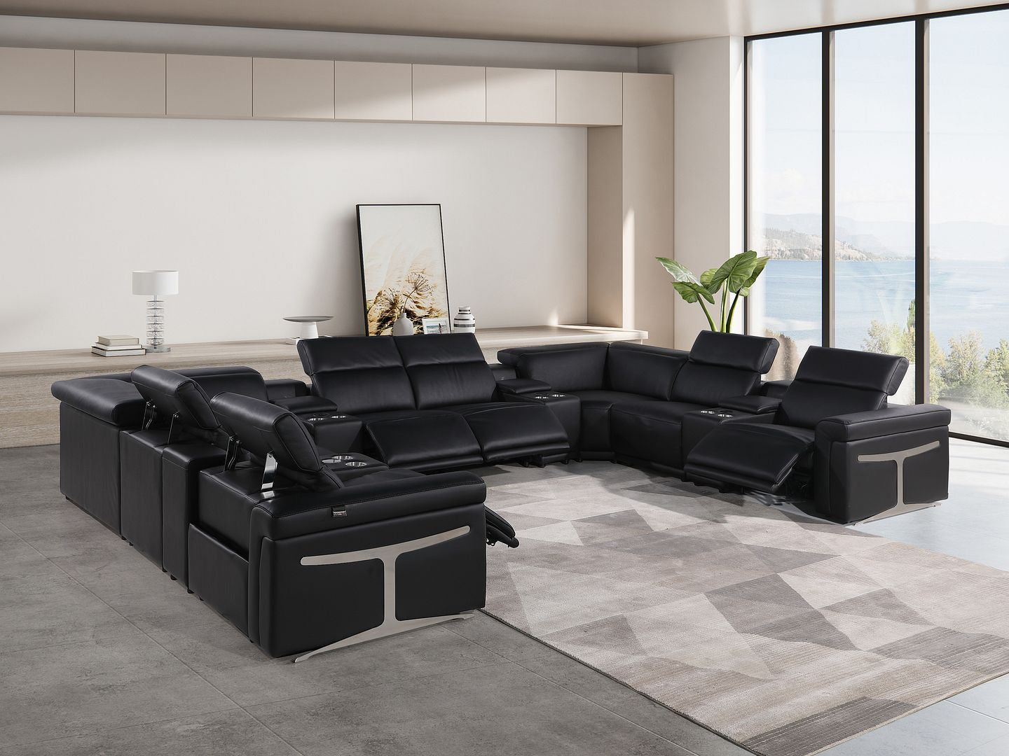 Black Italian Leather Power Reclining U Shaped Twelve Piece Sectional With Console-8