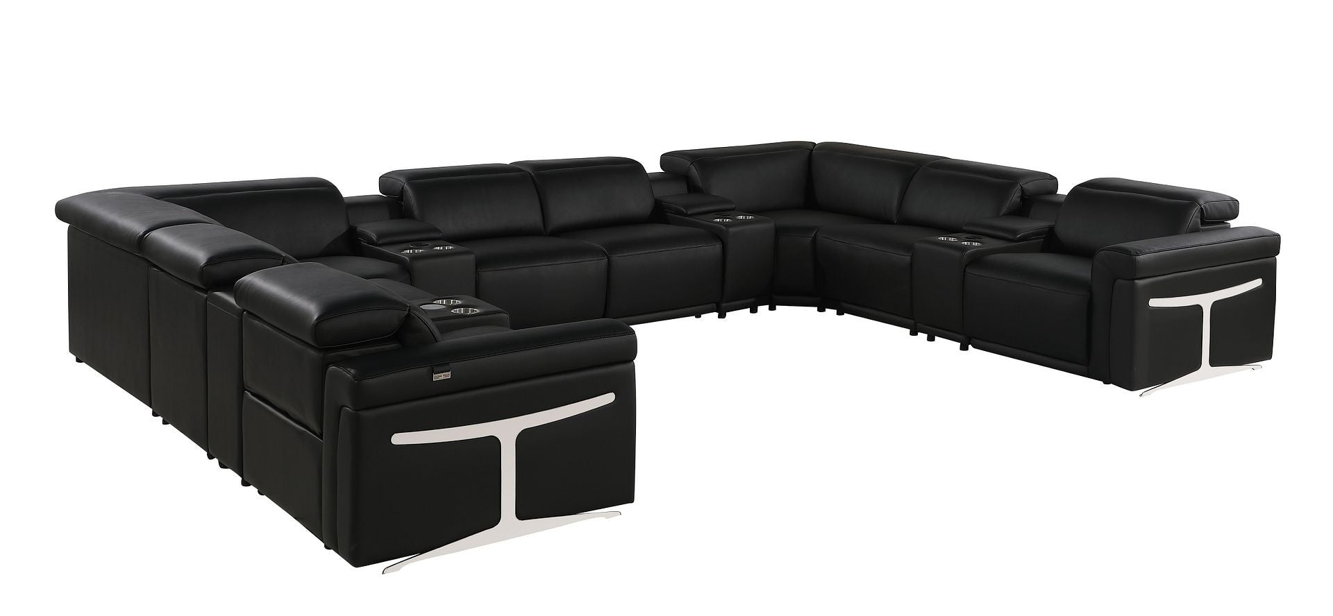 Black Italian Leather Power Reclining U Shaped Twelve Piece Sectional With Console-0
