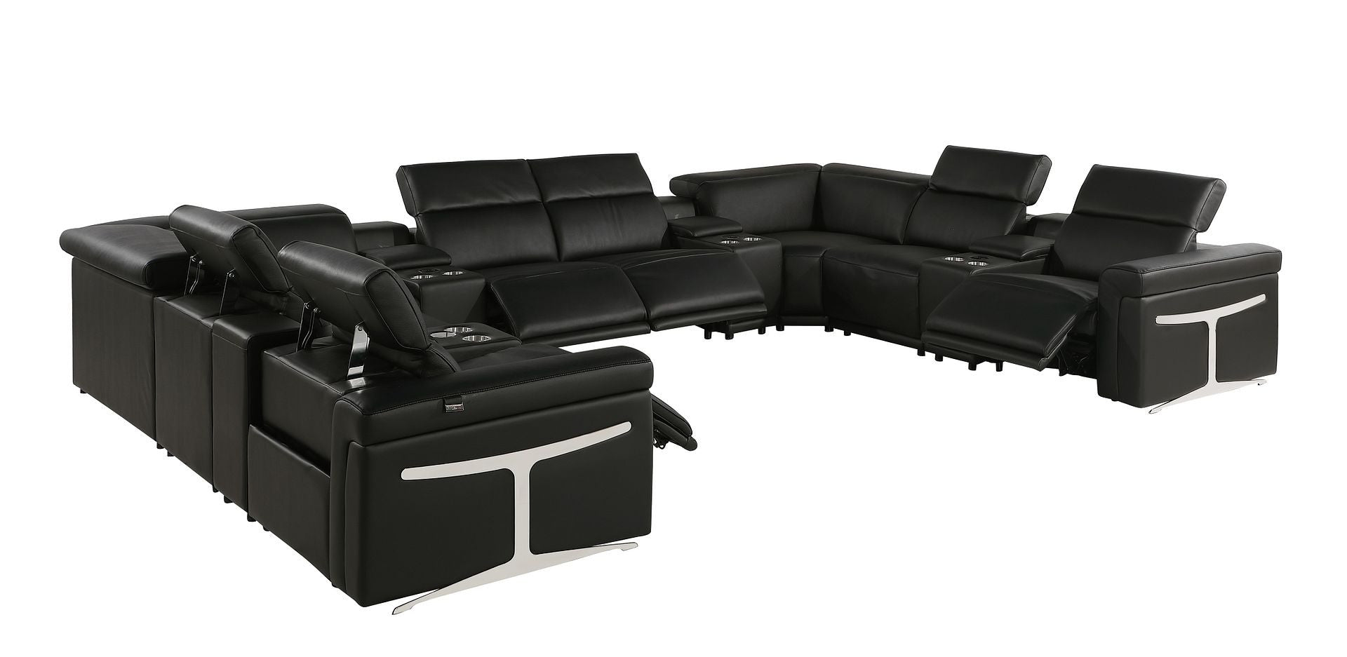 Black Italian Leather Power Reclining U Shaped Twelve Piece Sectional With Console-2