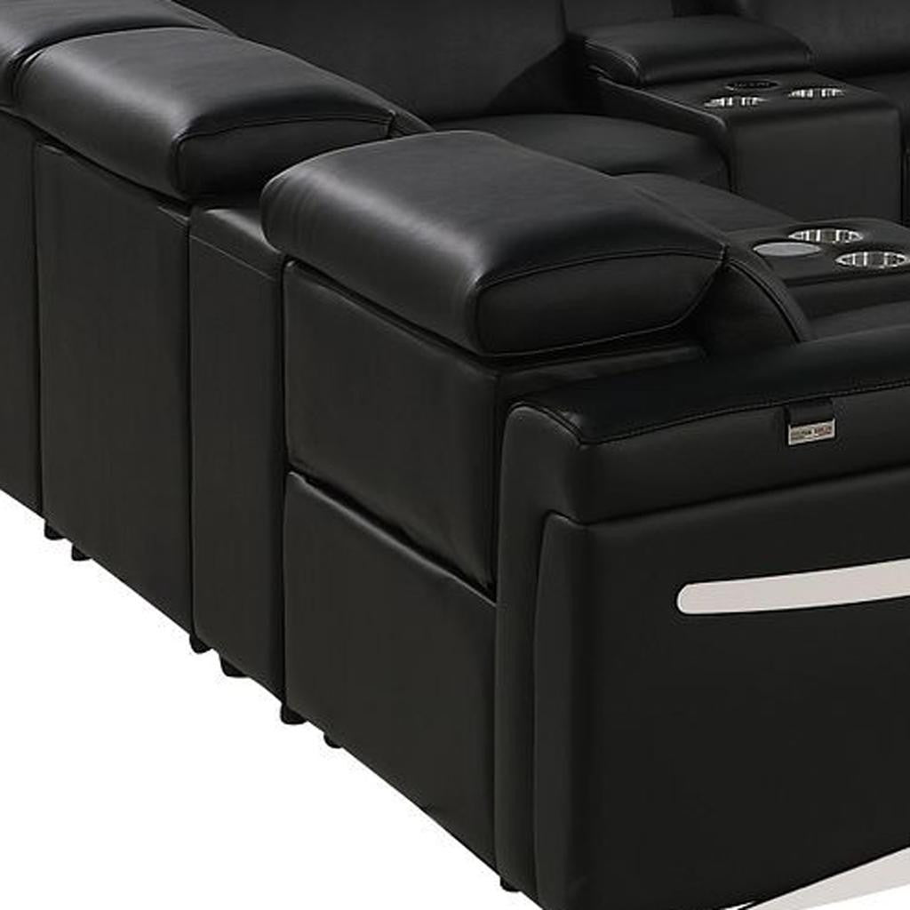 Black Italian Leather Power Reclining U Shaped Twelve Piece Sectional With Console-5