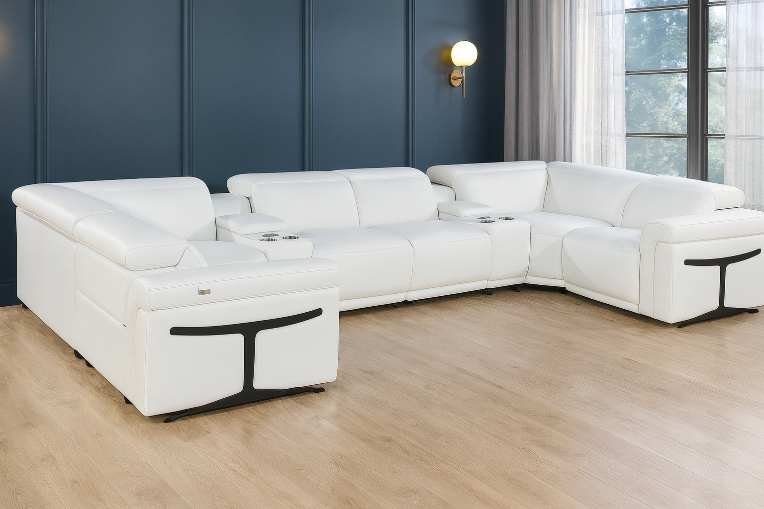 White Italian Leather Power Reclining U Shaped Eight Piece Sectional With Console-1