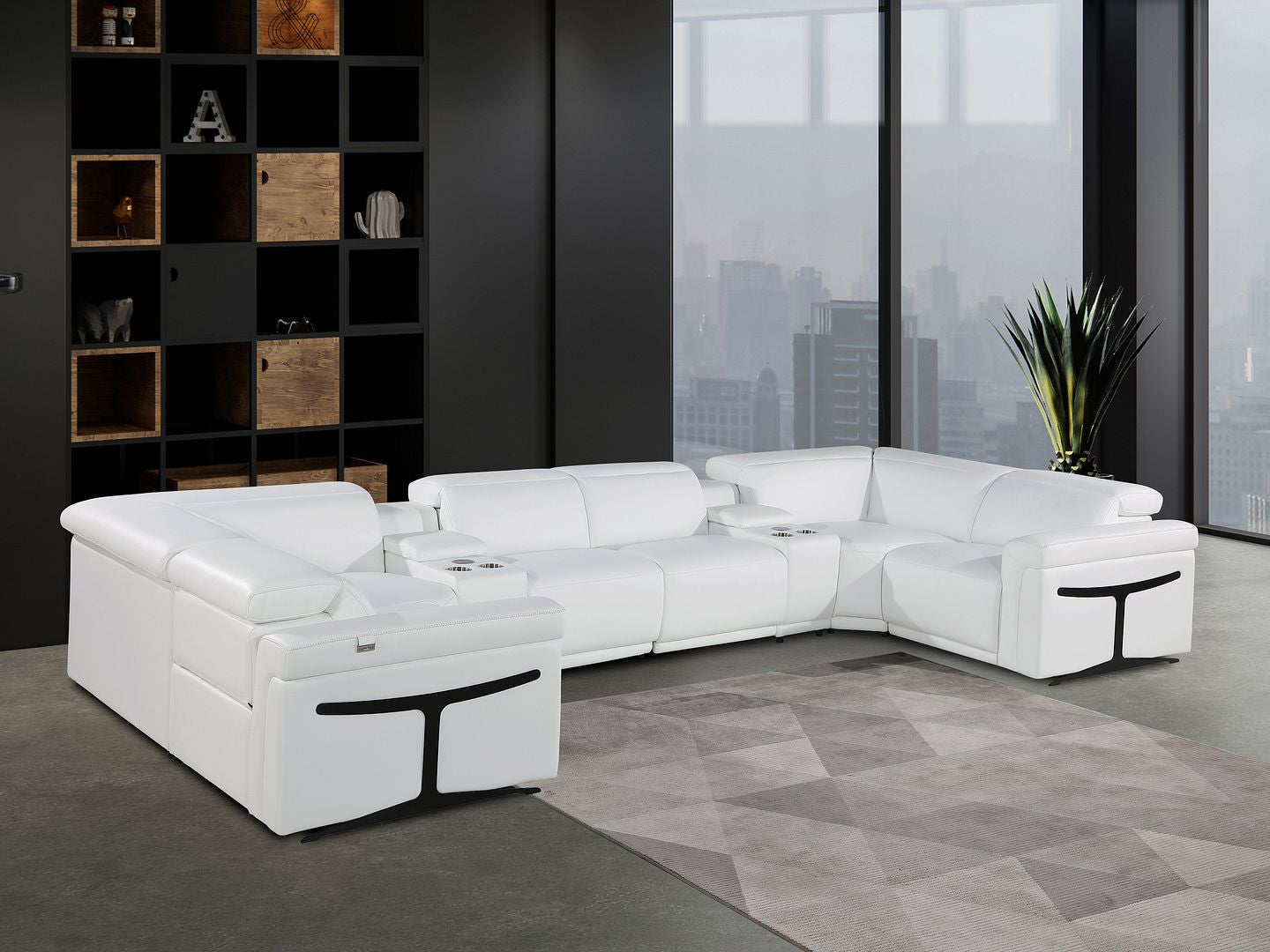 White Italian Leather Power Reclining U Shaped Eight Piece Sectional With Console-8