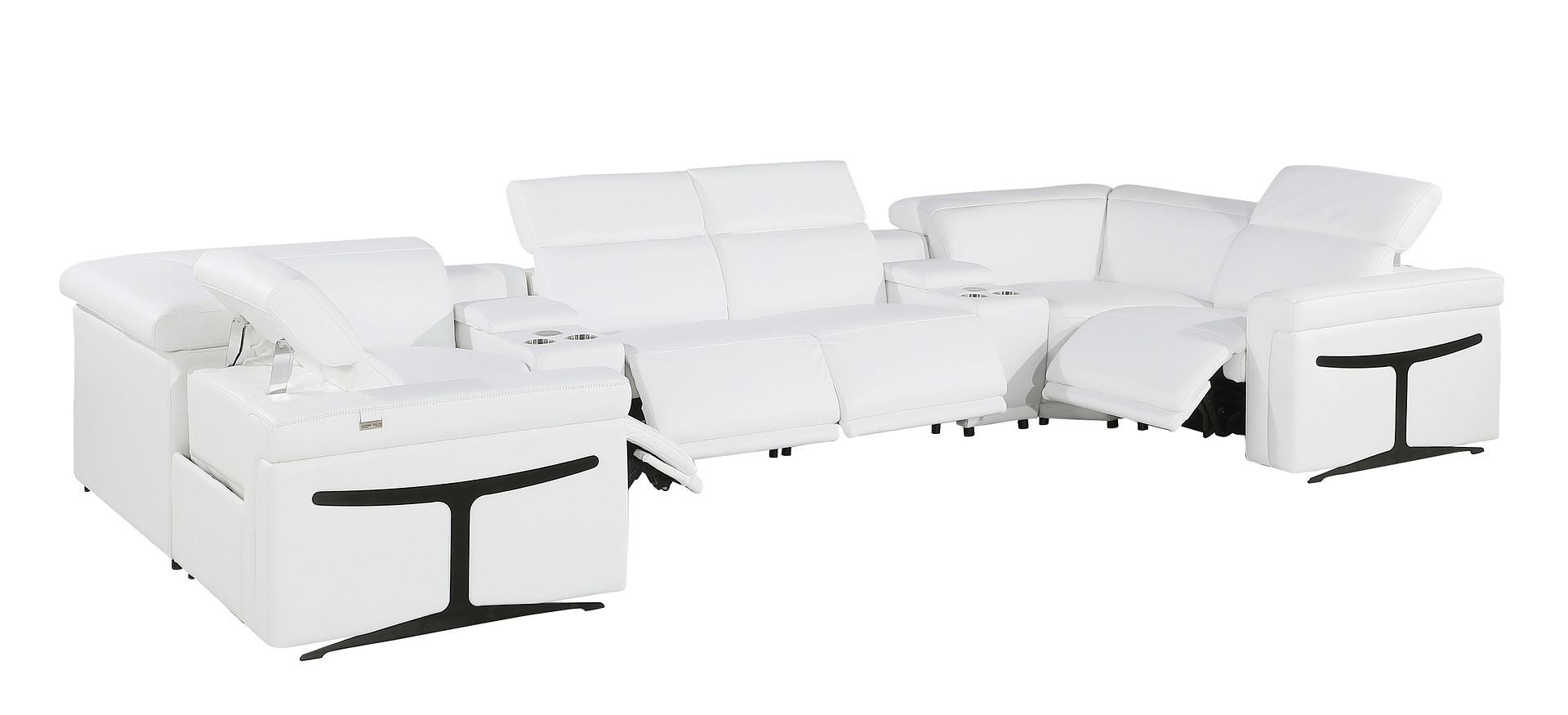White Italian Leather Power Reclining U Shaped Eight Piece Sectional With Console-2