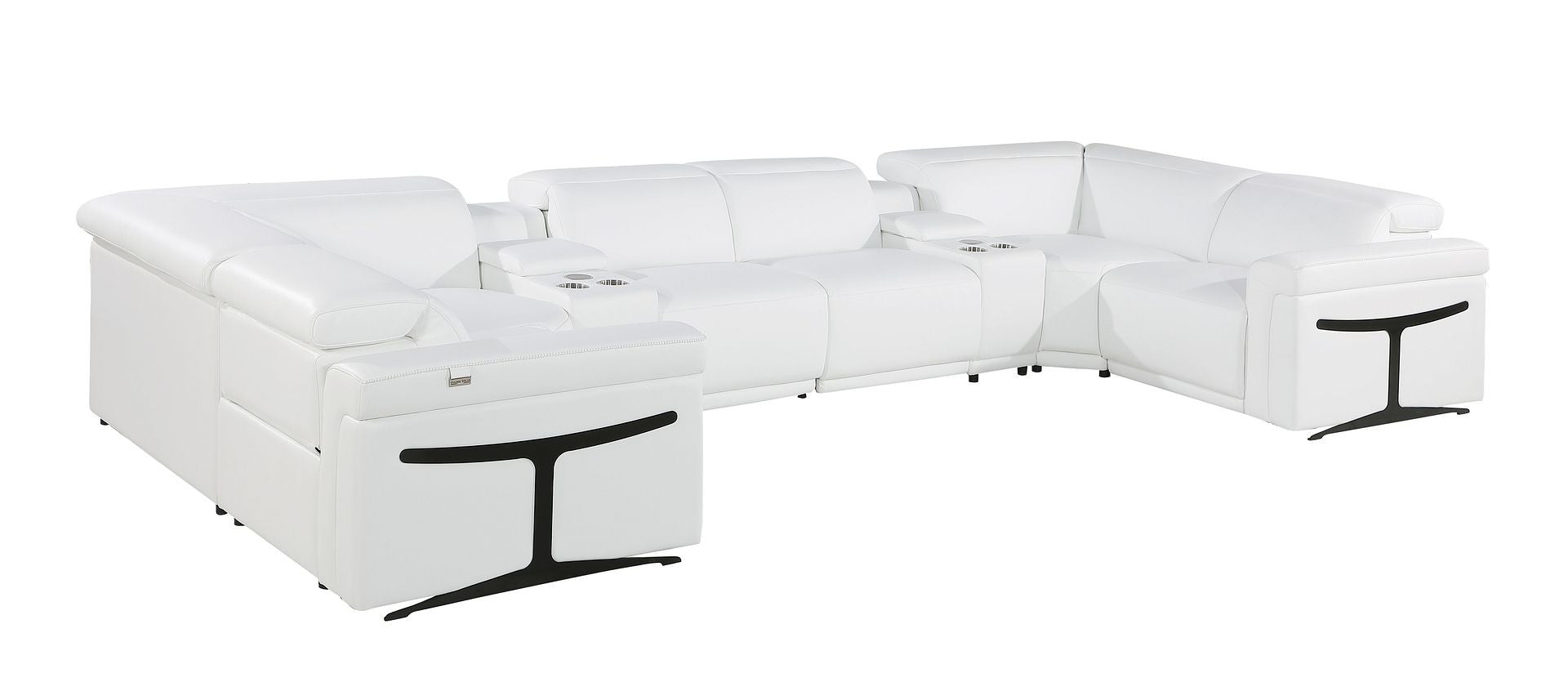 White Italian Leather Power Reclining U Shaped Eight Piece Sectional With Console-0
