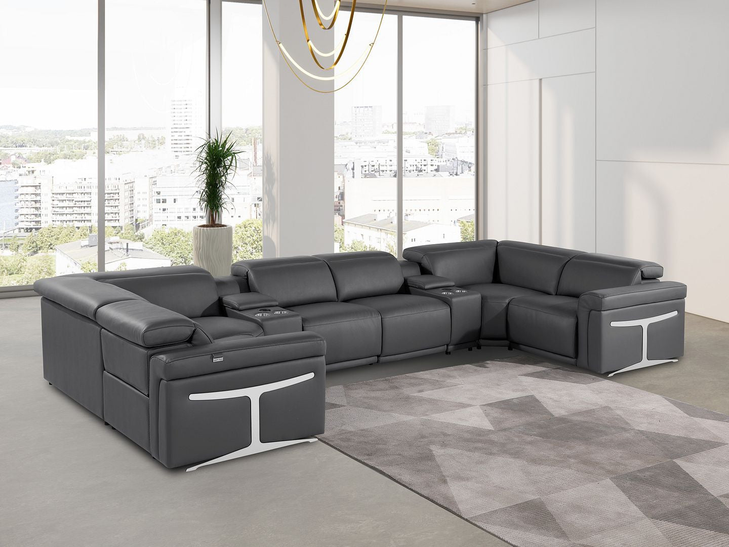 Dark Gray Italian Leather Power Reclining U Shaped Eight Piece Sectional With Console-7