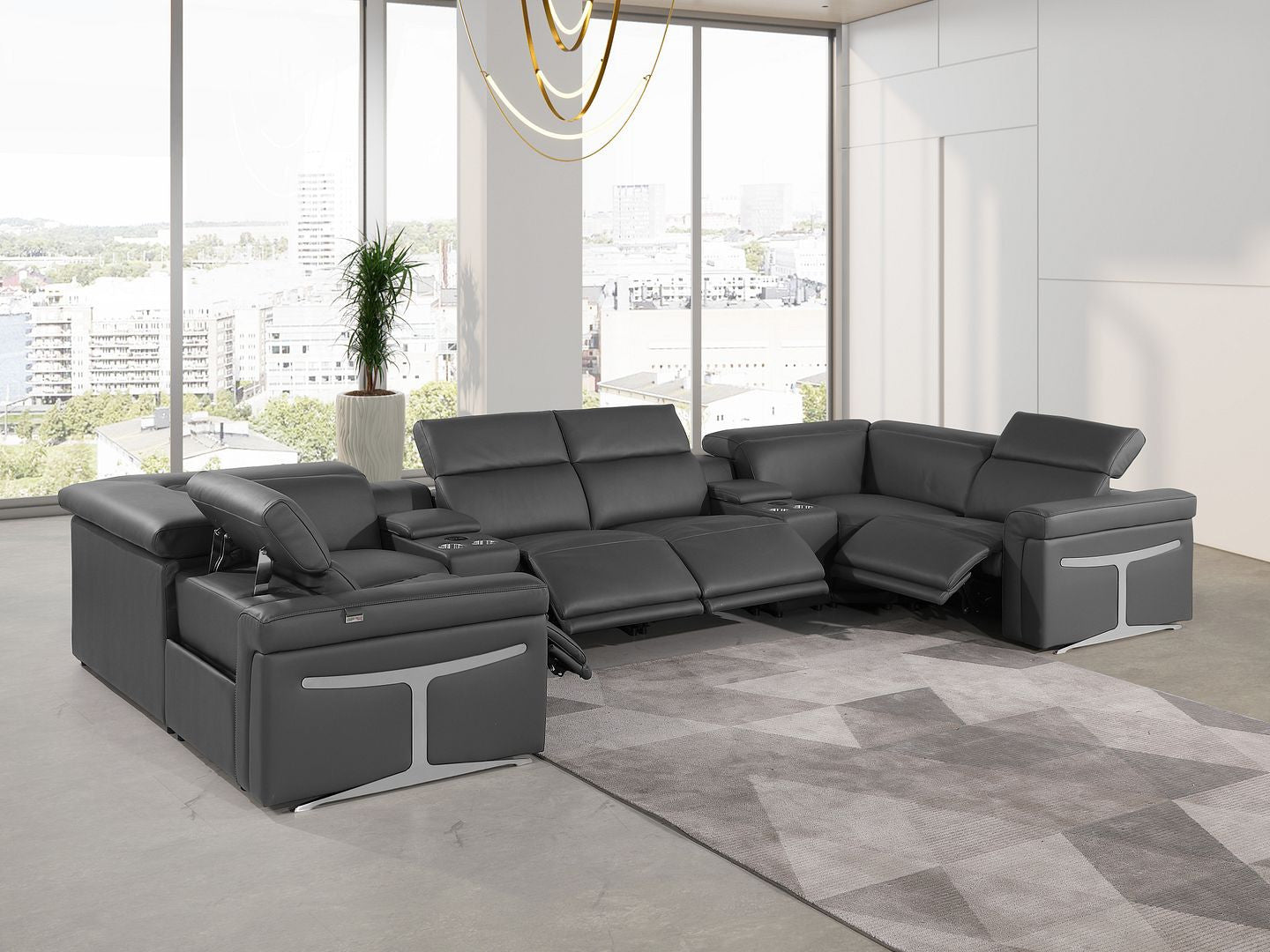 Dark Gray Italian Leather Power Reclining U Shaped Eight Piece Sectional With Console-8