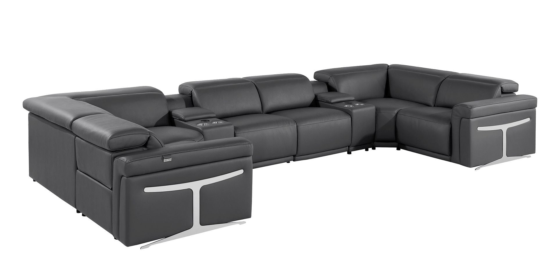 Dark Gray Italian Leather Power Reclining U Shaped Eight Piece Sectional With Console-0
