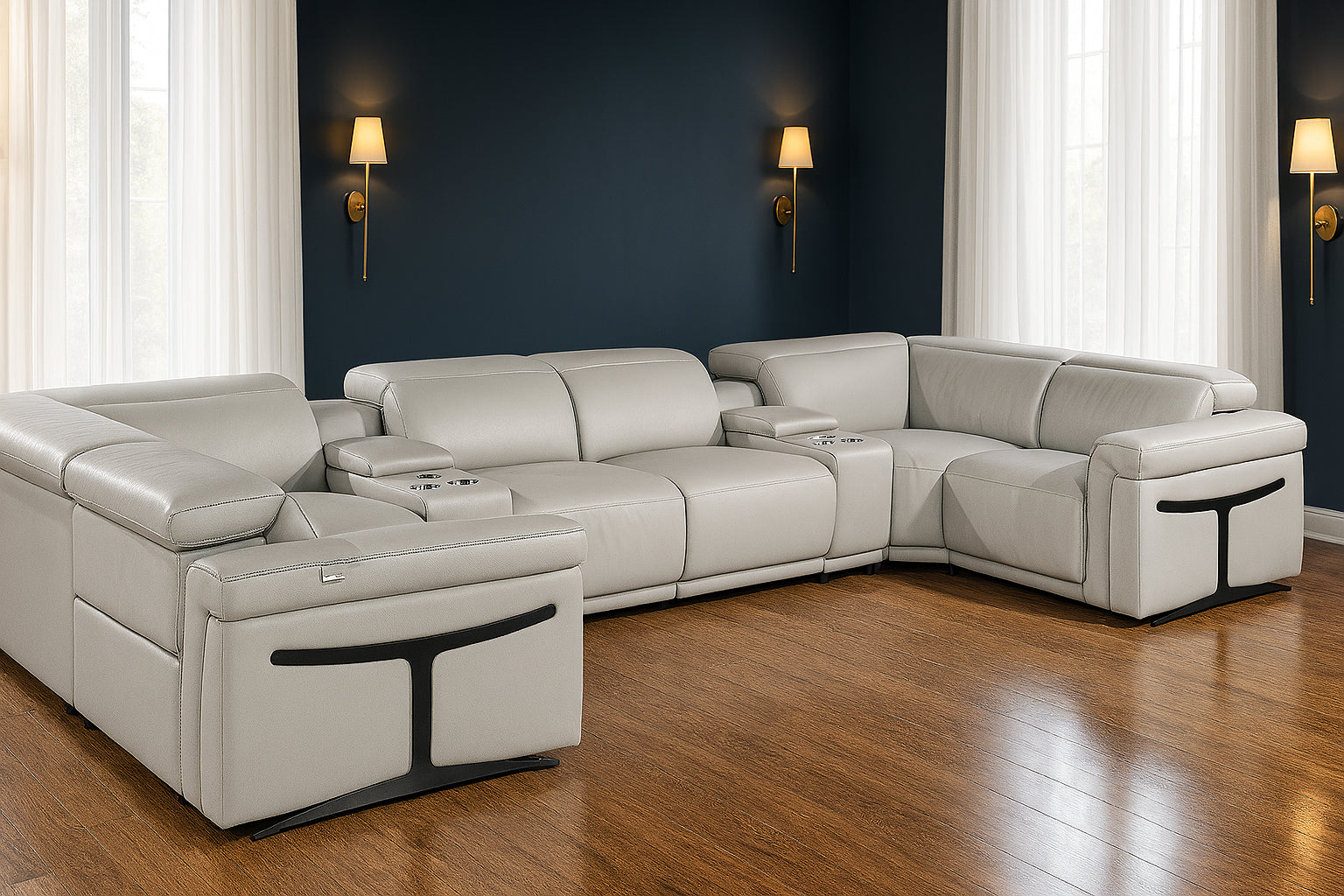 Light Gray Italian Leather Power Reclining U Shaped Eight Piece Corner Sectional With Console-1