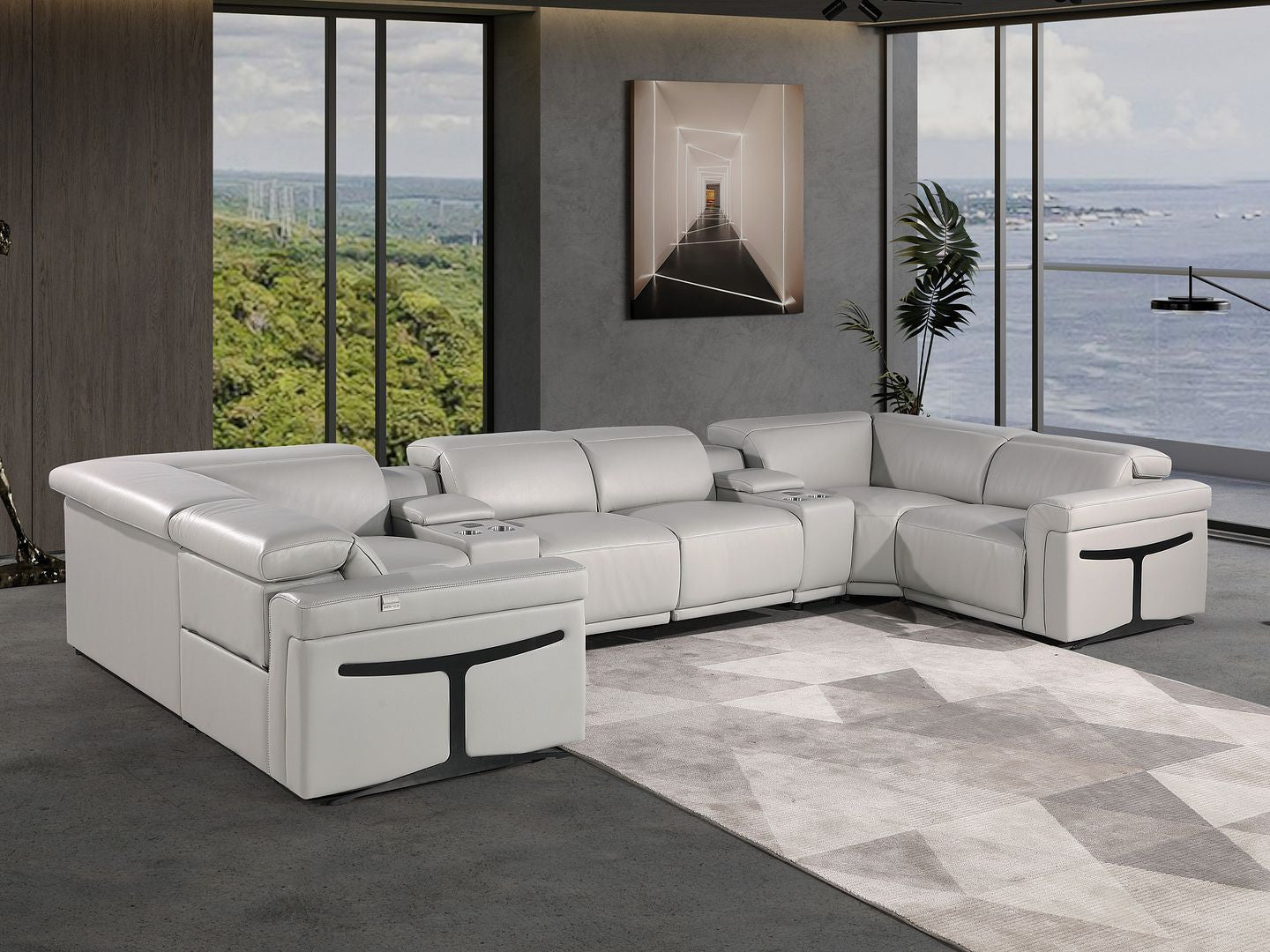 Light Gray Italian Leather Power Reclining U Shaped Eight Piece Corner Sectional With Console-8