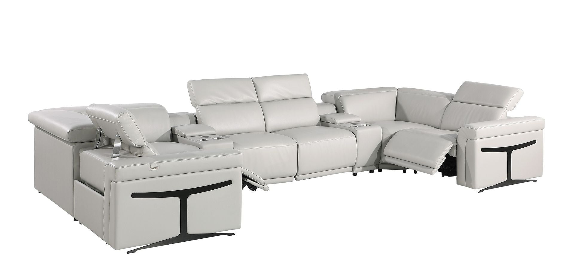 Light Gray Italian Leather Power Reclining U Shaped Eight Piece Corner Sectional With Console-3