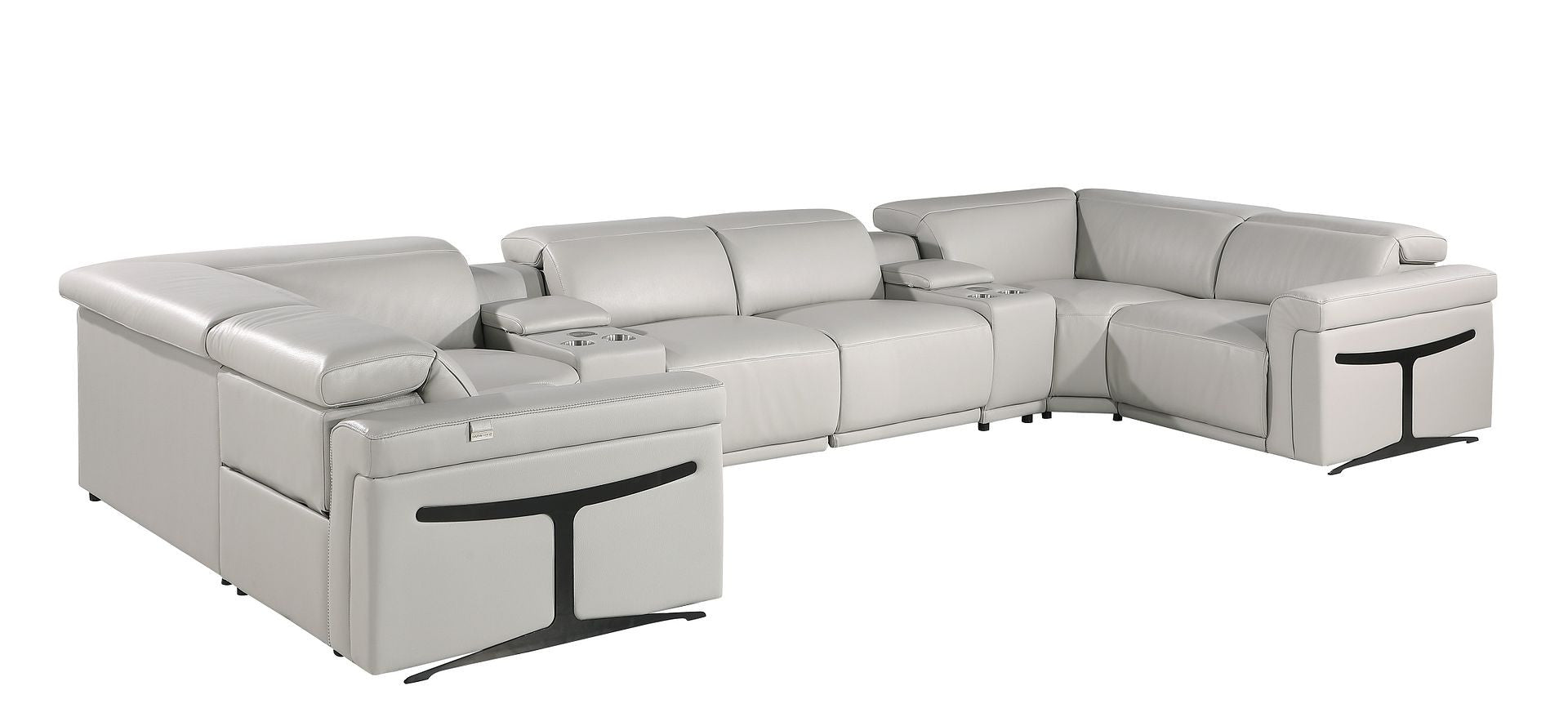Light Gray Italian Leather Power Reclining U Shaped Eight Piece Corner Sectional With Console-0