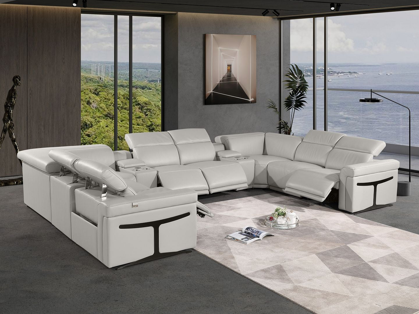 Light Gray Italian Leather Power Reclining U Shaped Ten Piece Corner Sectional With Console-8