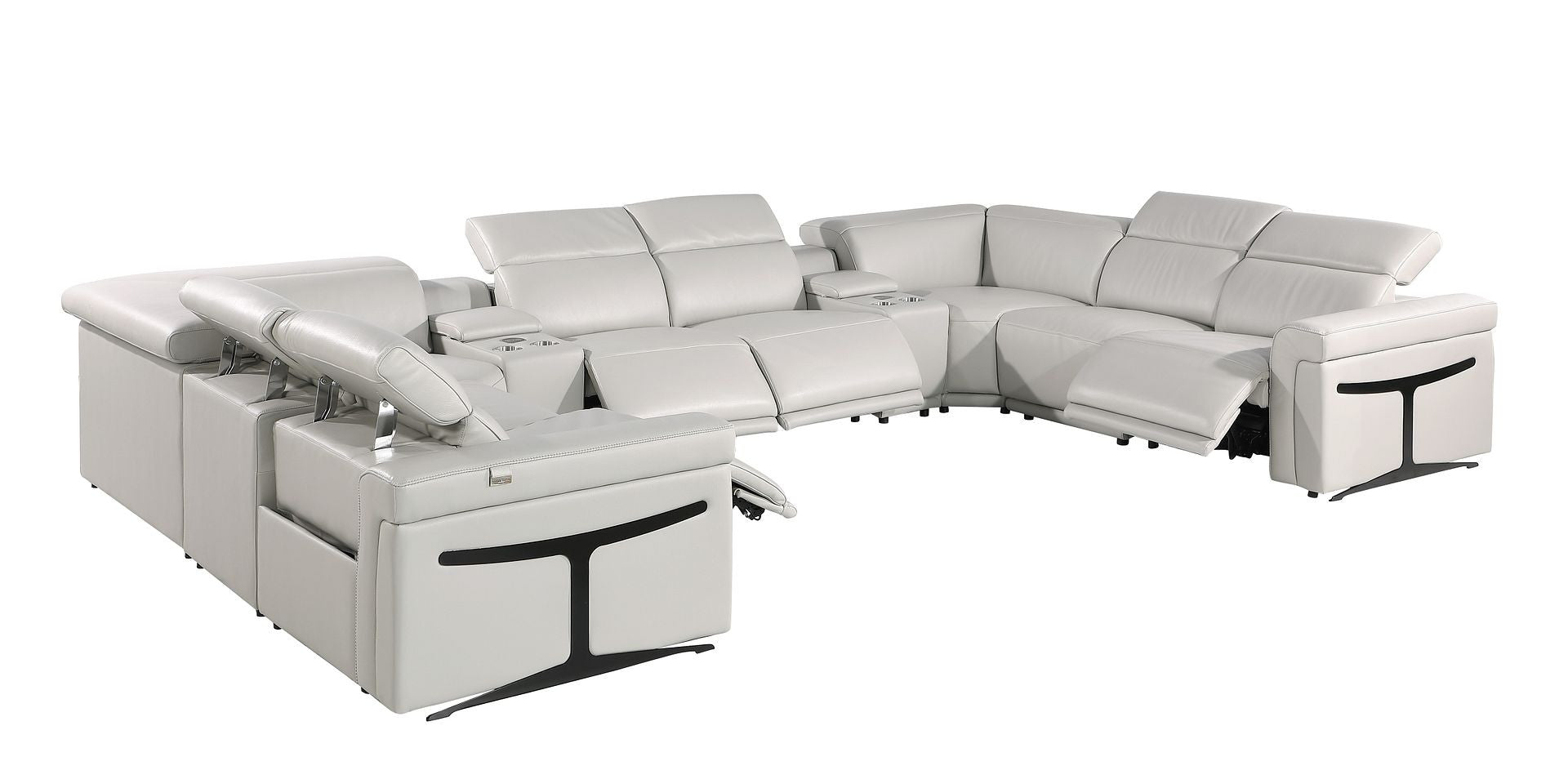Light Gray Italian Leather Power Reclining U Shaped Ten Piece Corner Sectional With Console-3