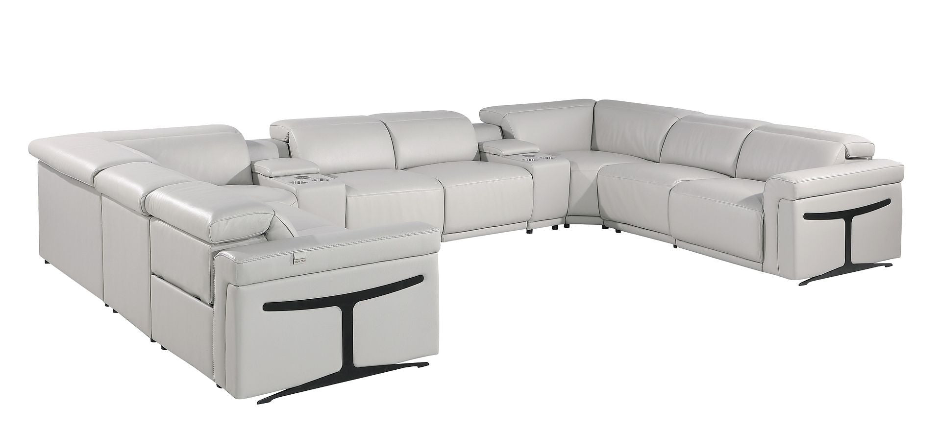 Light Gray Italian Leather Power Reclining U Shaped Ten Piece Corner Sectional With Console-0