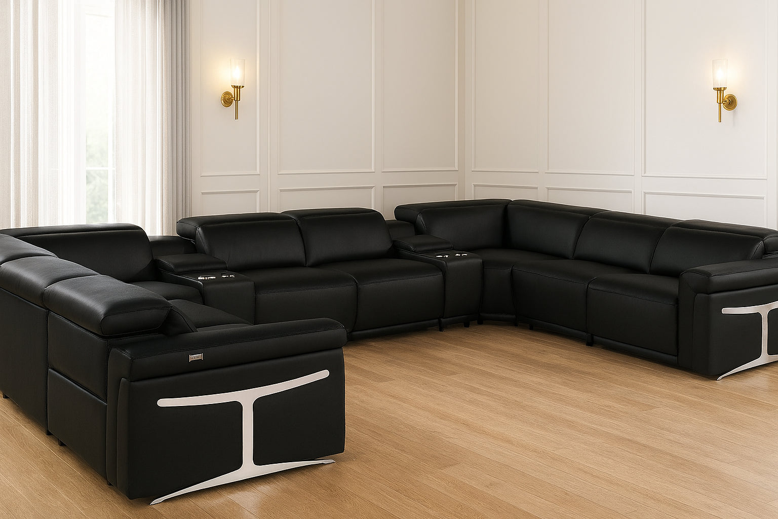 Black Italian Leather Power Reclining U Shaped Ten Piece Corner Sectional With Console-1