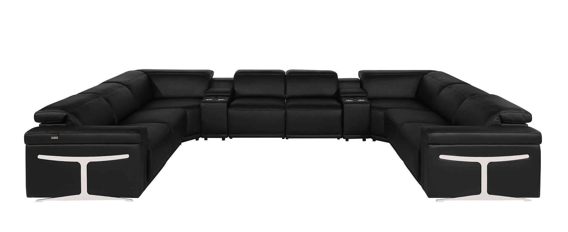 Black Italian Leather Power Reclining U Shaped Ten Piece Corner Sectional With Console-0