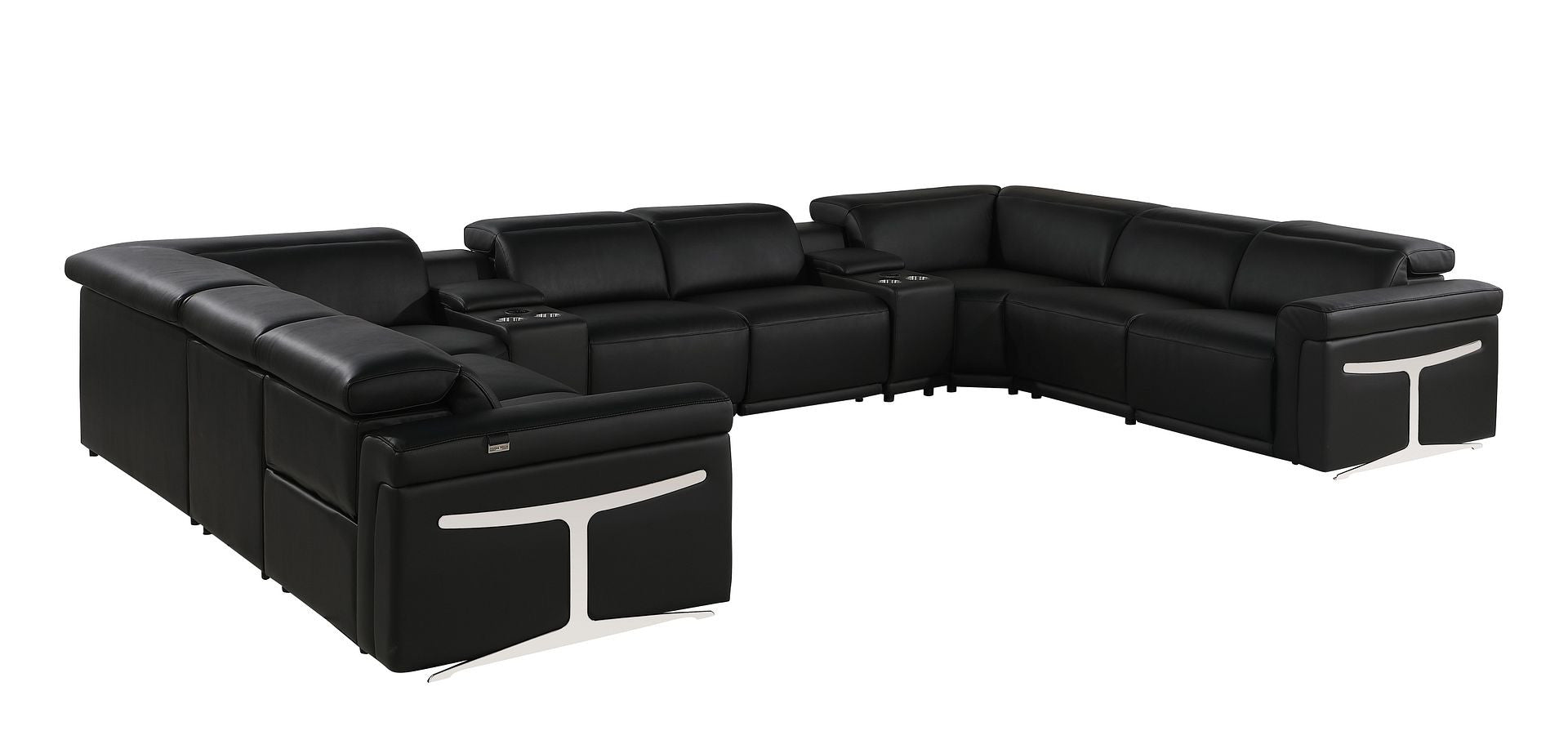 Black Italian Leather Power Reclining U Shaped Ten Piece Corner Sectional With Console-2