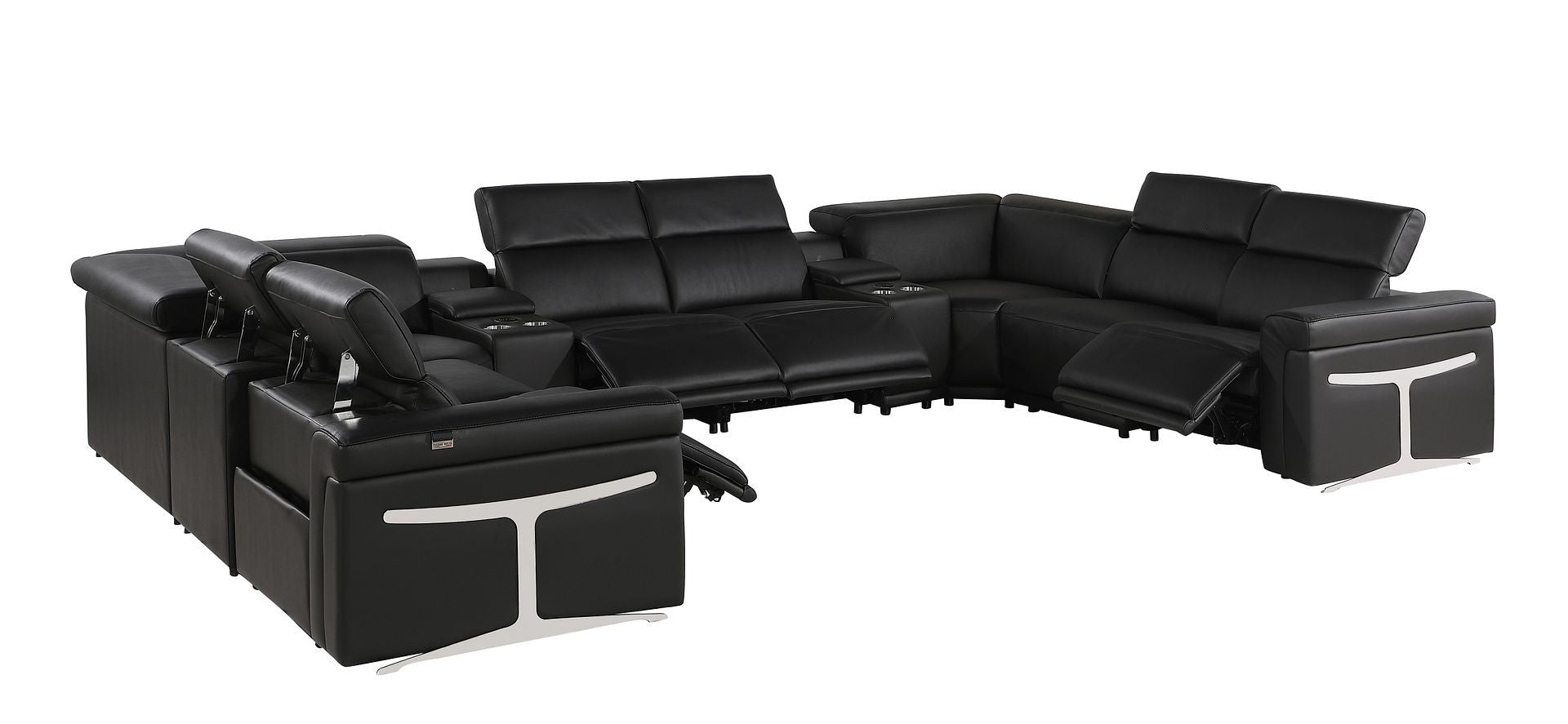 Black Italian Leather Power Reclining U Shaped Ten Piece Corner Sectional With Console-3