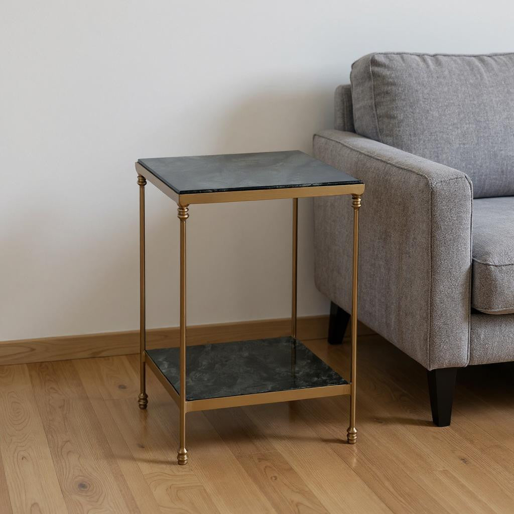 24" Green and Gold Marble and Iron Square End Table With Shelf-1