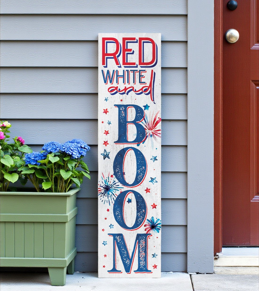 36" Blue Red And White Solid Wood Red White Boom July Fourth Fireworks Porch Sign-0