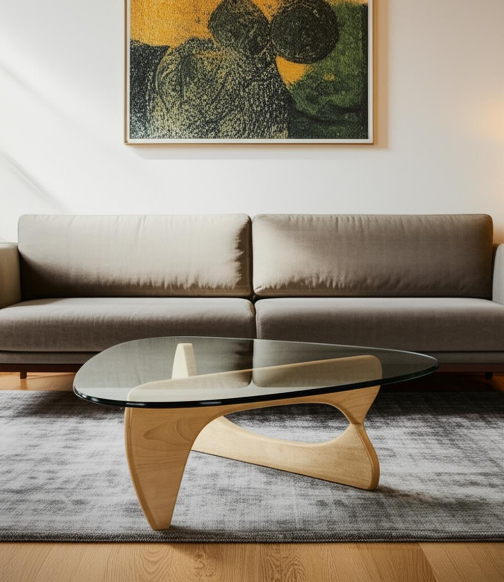 54" Clear and Natural Glass and Wood Triangle Abstract Coffee Table-1