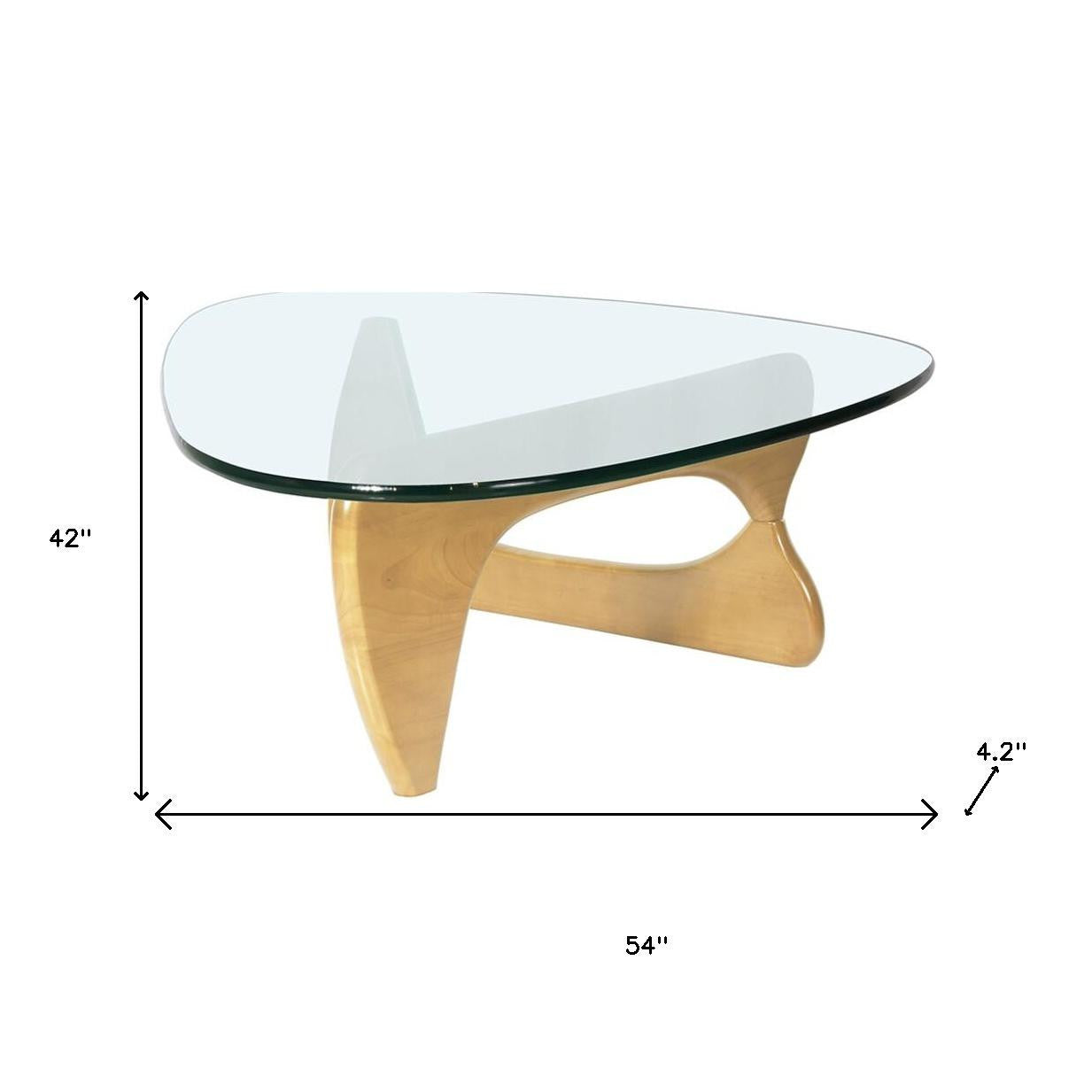 54" Clear and Natural Glass and Wood Triangle Abstract Coffee Table-5