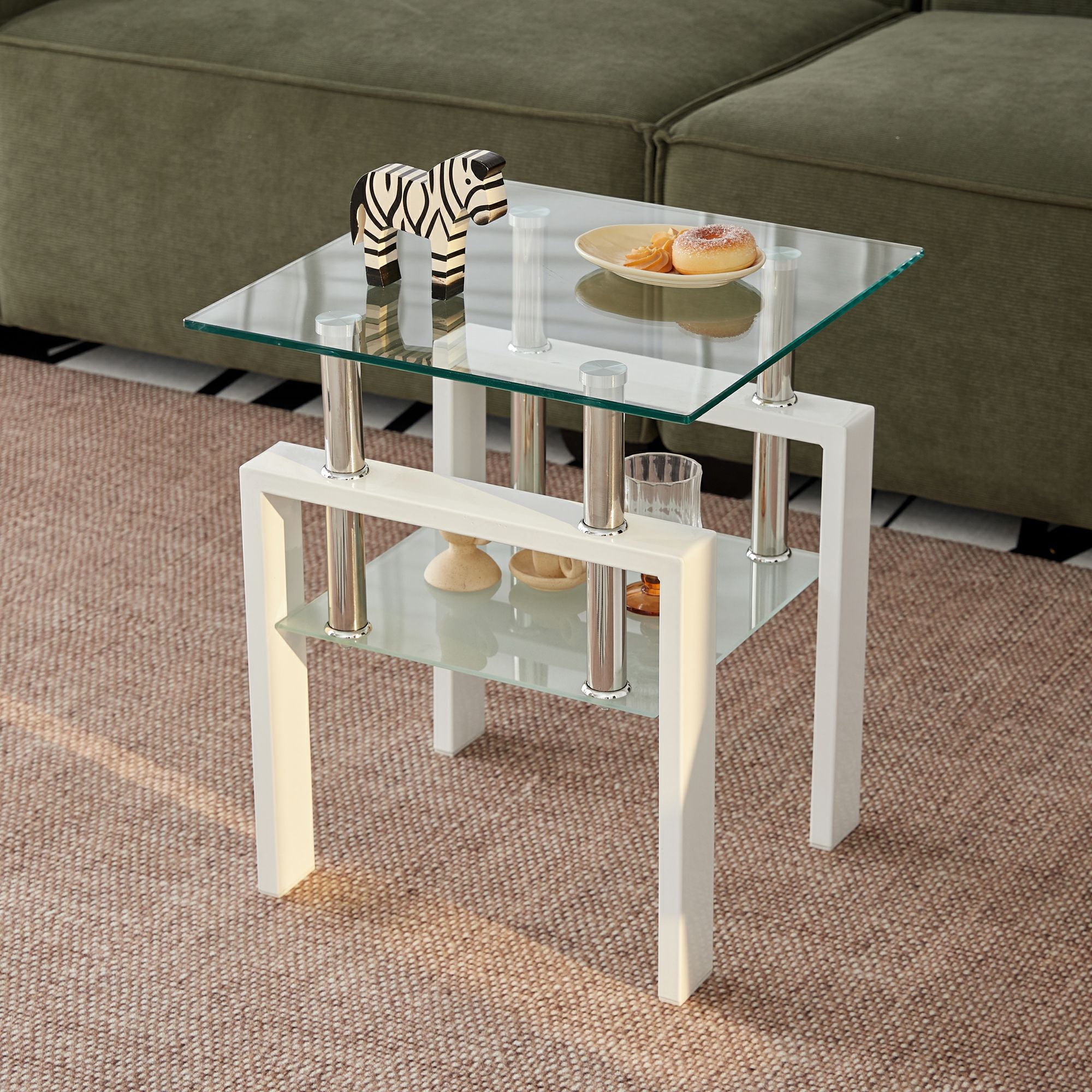 20" Clear and White Glass and Metal Square End Table With Shelf-4