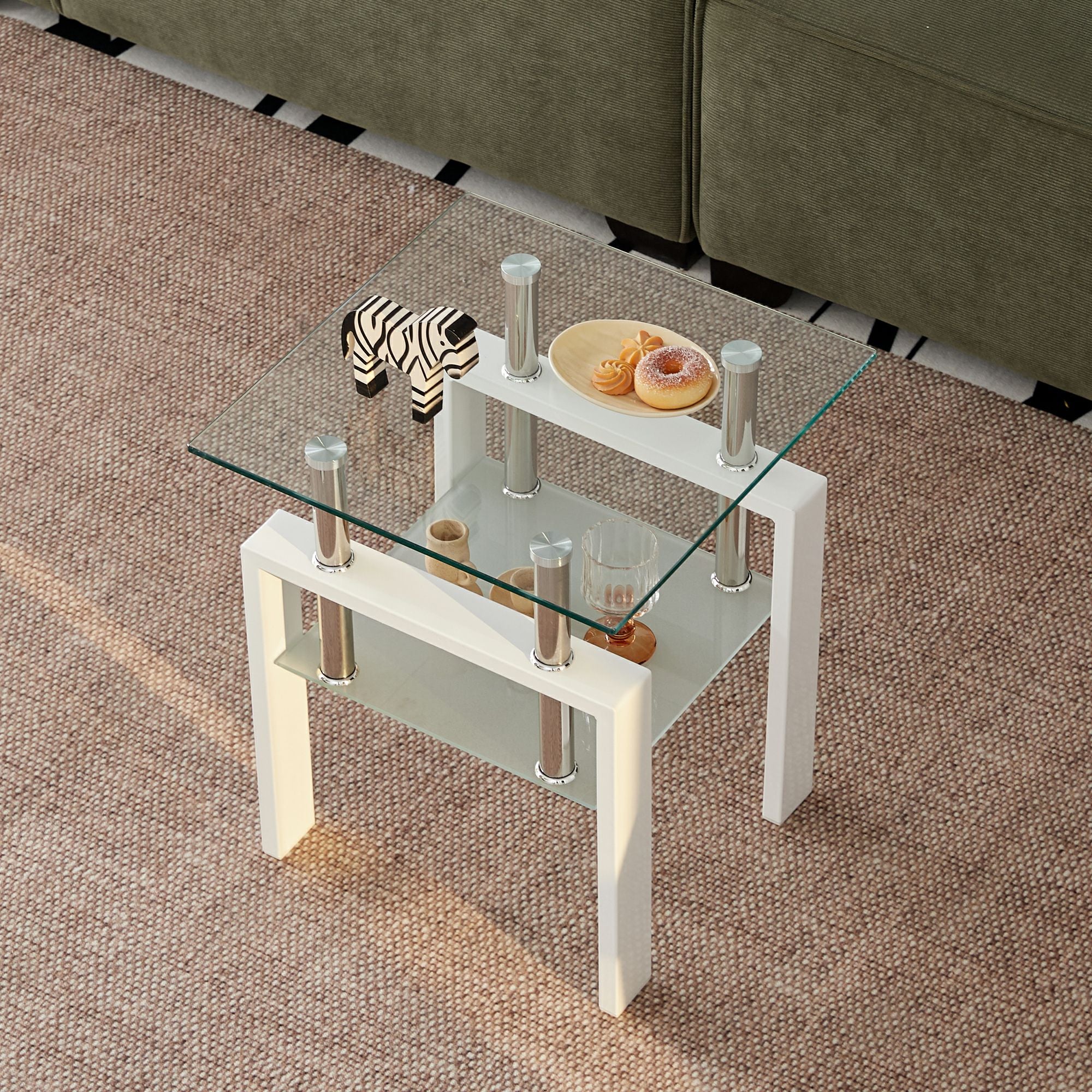 20" Clear and White Glass and Metal Square End Table With Shelf-5