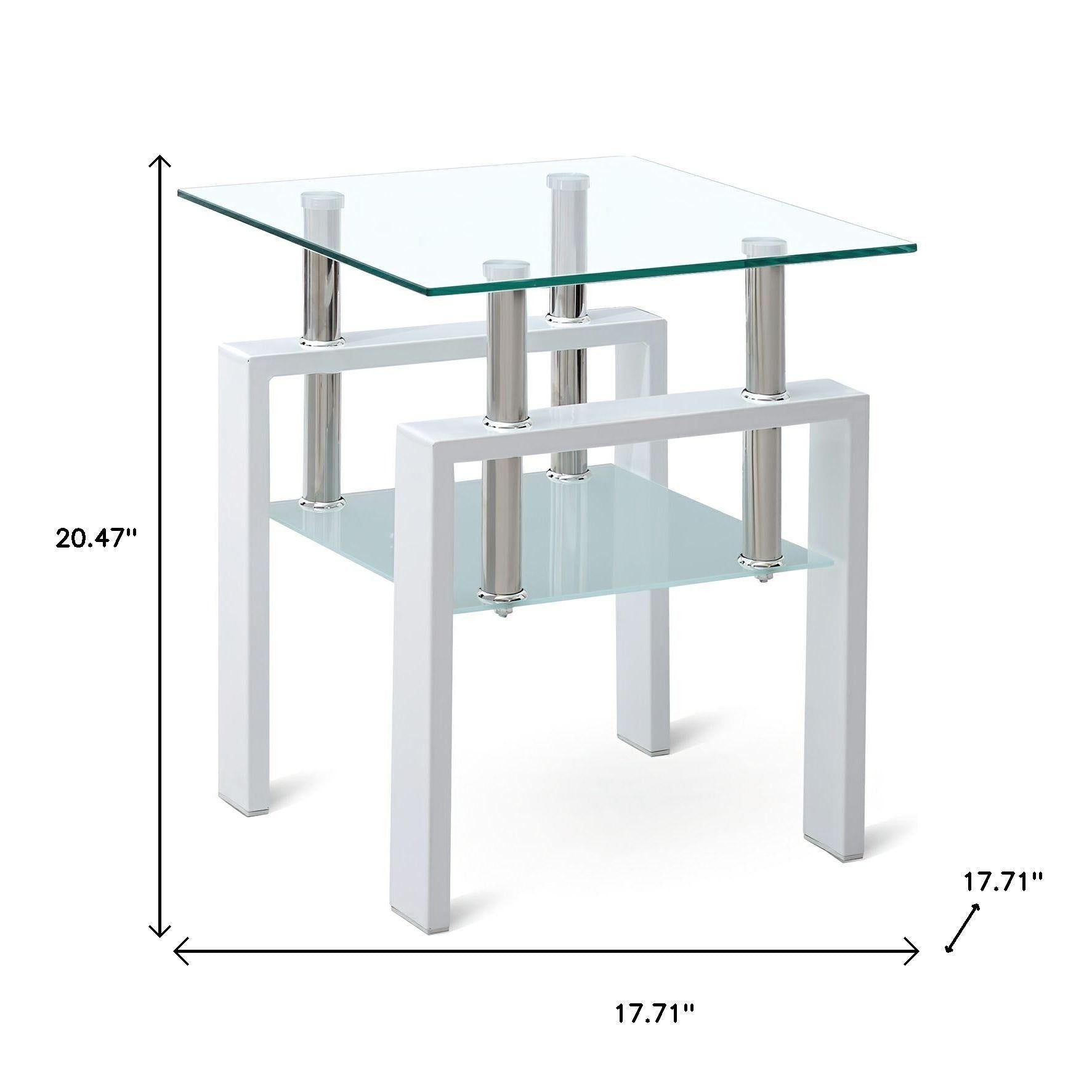 20" Clear and White Glass and Metal Square End Table With Shelf-8