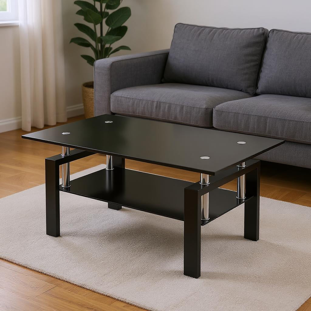 39" Black Glass and Steel Coffee Table With Shelf-0