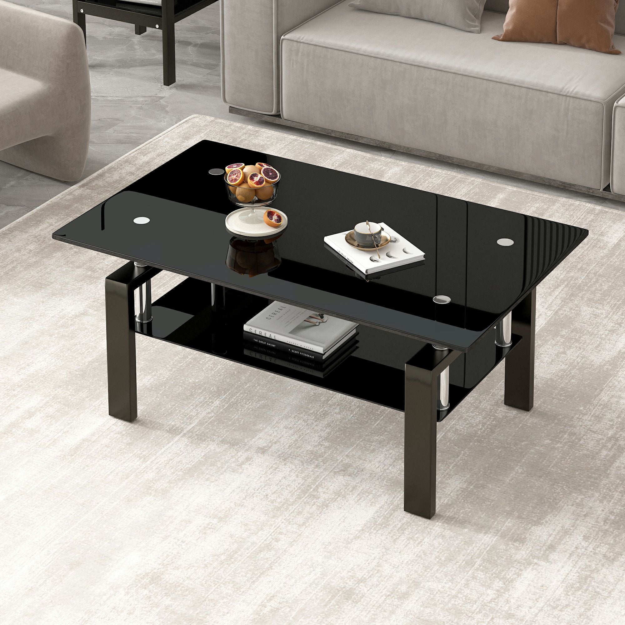 39" Black Glass and Steel Coffee Table With Shelf-4