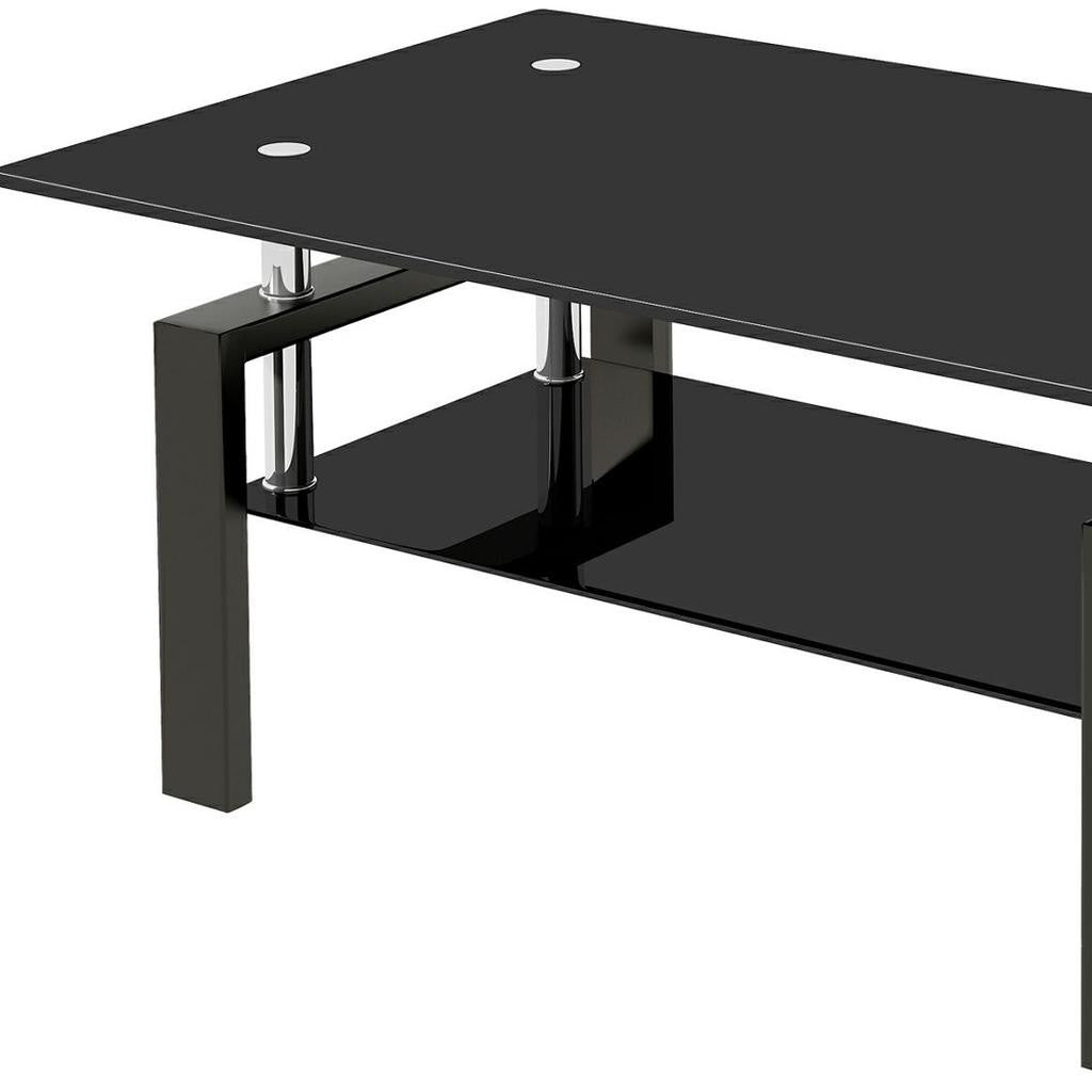 39" Black Glass and Steel Coffee Table With Shelf-3