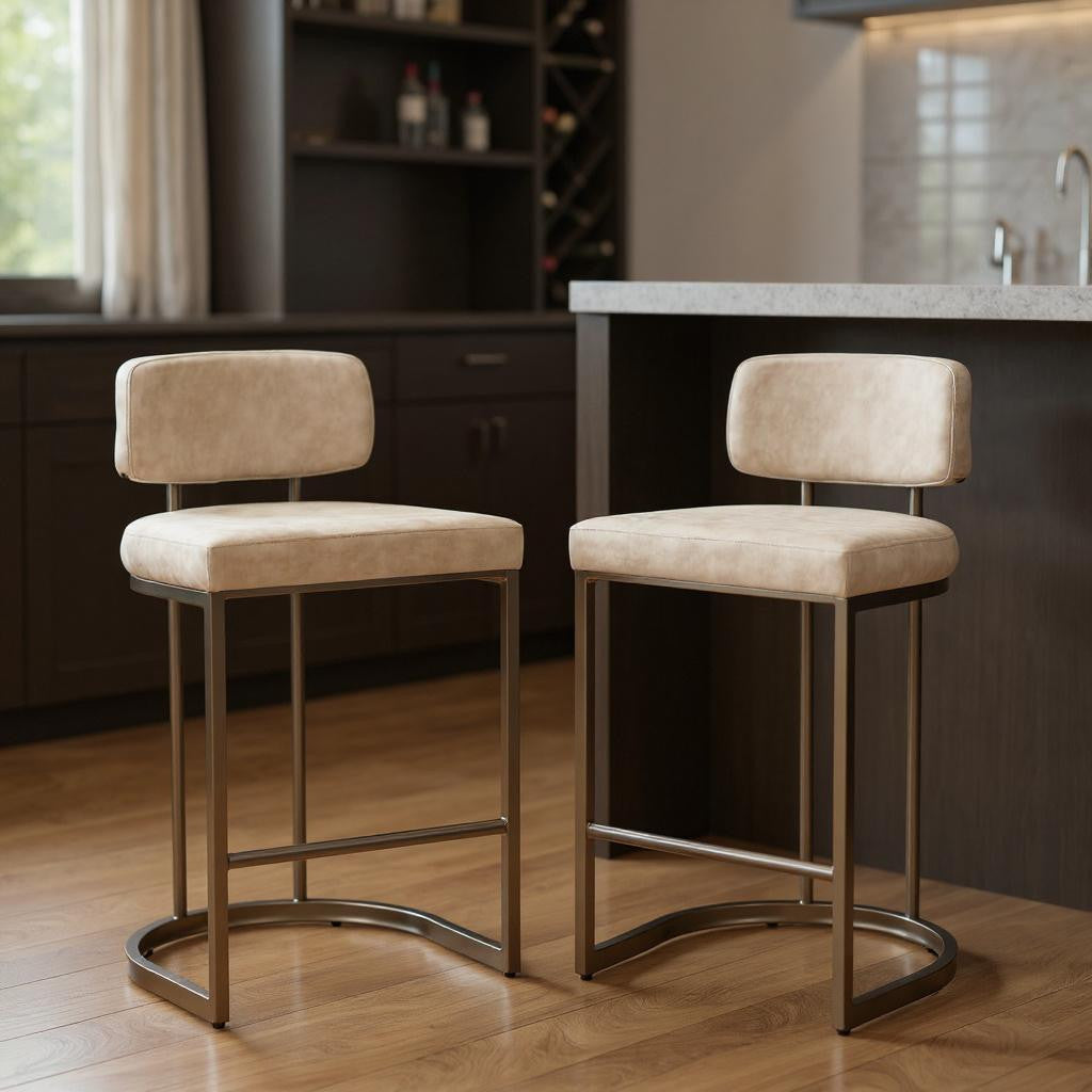 Set of Two Beige Wood and Fabric Low Back Bar Chairs-1